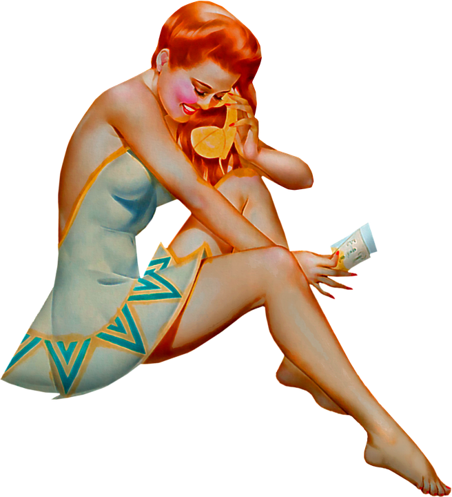 Clip Art 桌布 壁紙 — 一位紅髮復古海報女郎穿著藍色圖案連衣裙，坐在黑色背景前塗防曬霜。
