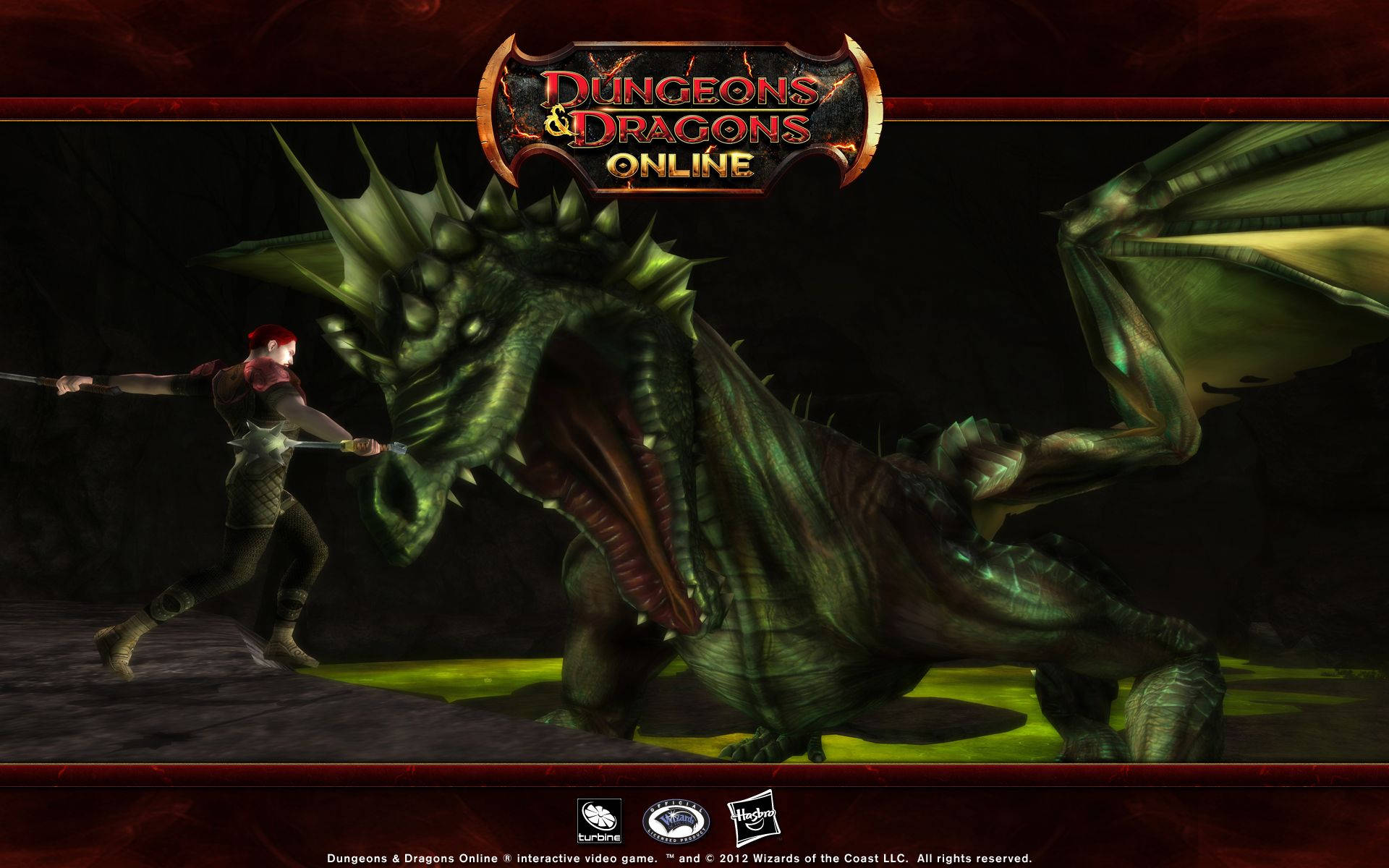 Dragons 桌布 壁紙 — 一位紅髮戰士在黑暗的地牢中與一隻巨大的綠色龍戰鬥，地板上發出綠色光芒。