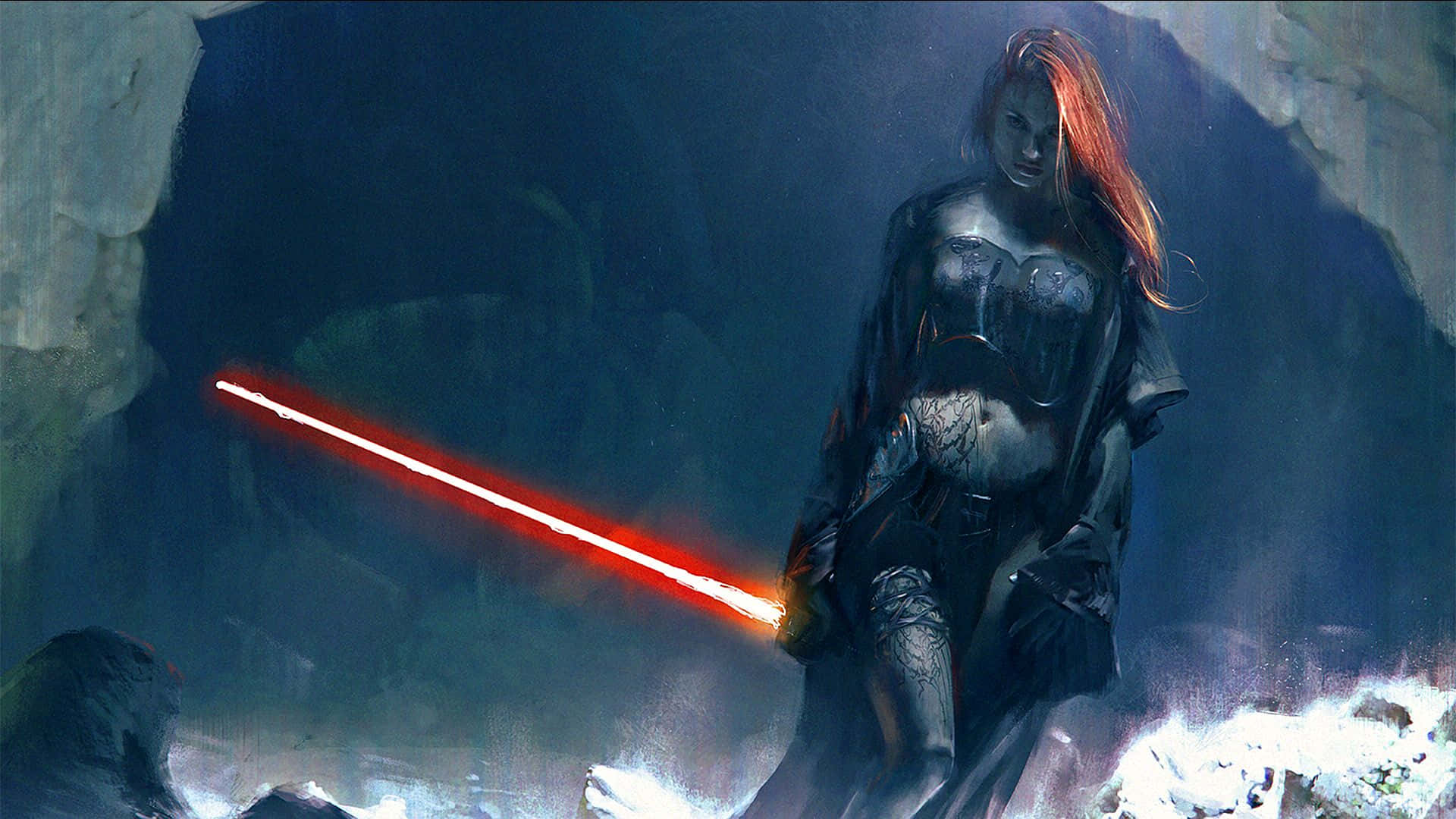 Jedi Knight 桌布 壁紙 — 一位紅髮戰士在黑暗迷霧的洞穴中揮舞著發光的紅色光劍。