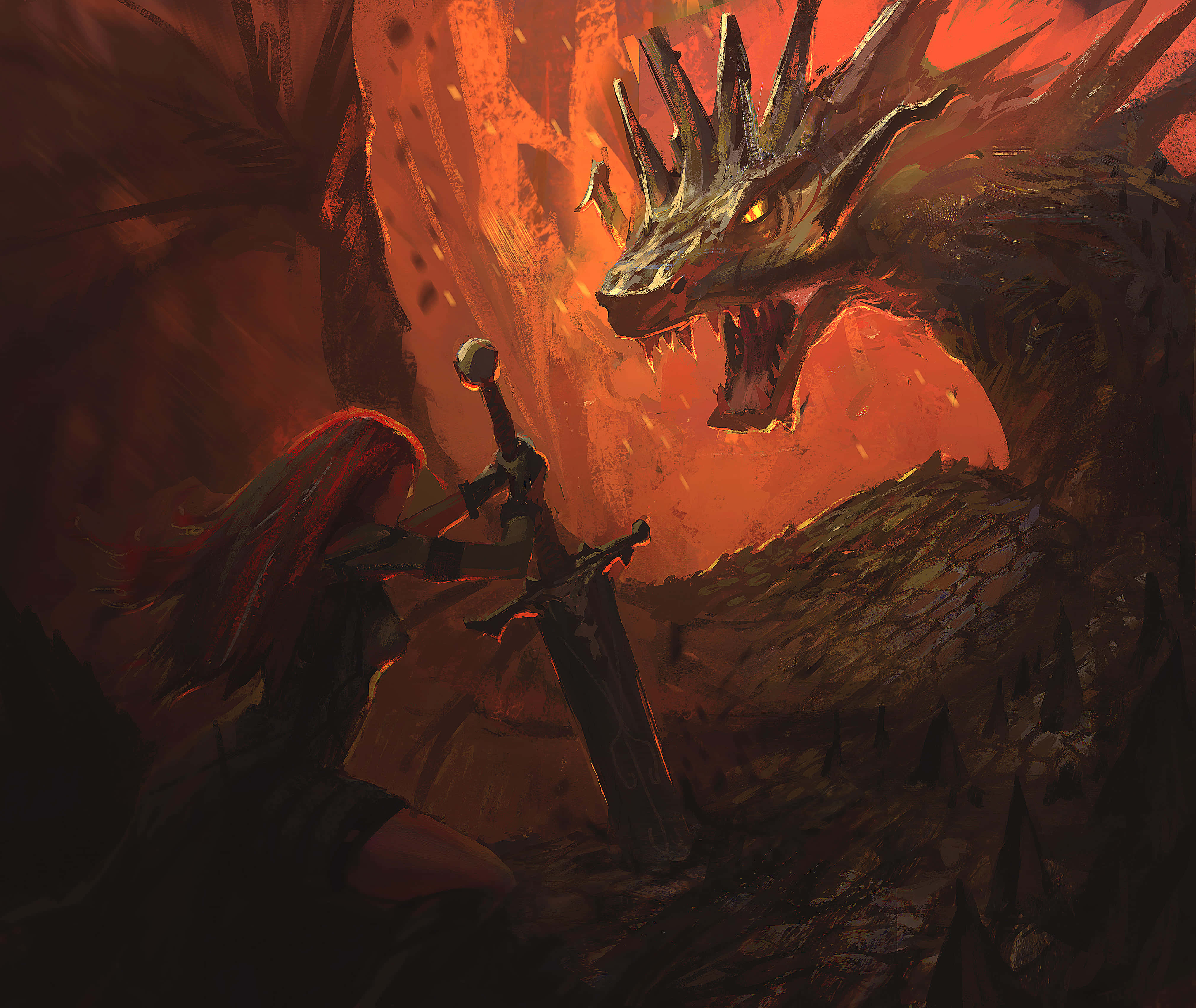 Mythical Dragon 桌布 壁紙 — 一位紅髮戰士挑釁地站在熾熱洞穴中的巨龍面前，舉劍指向野獸發光的眼睛。