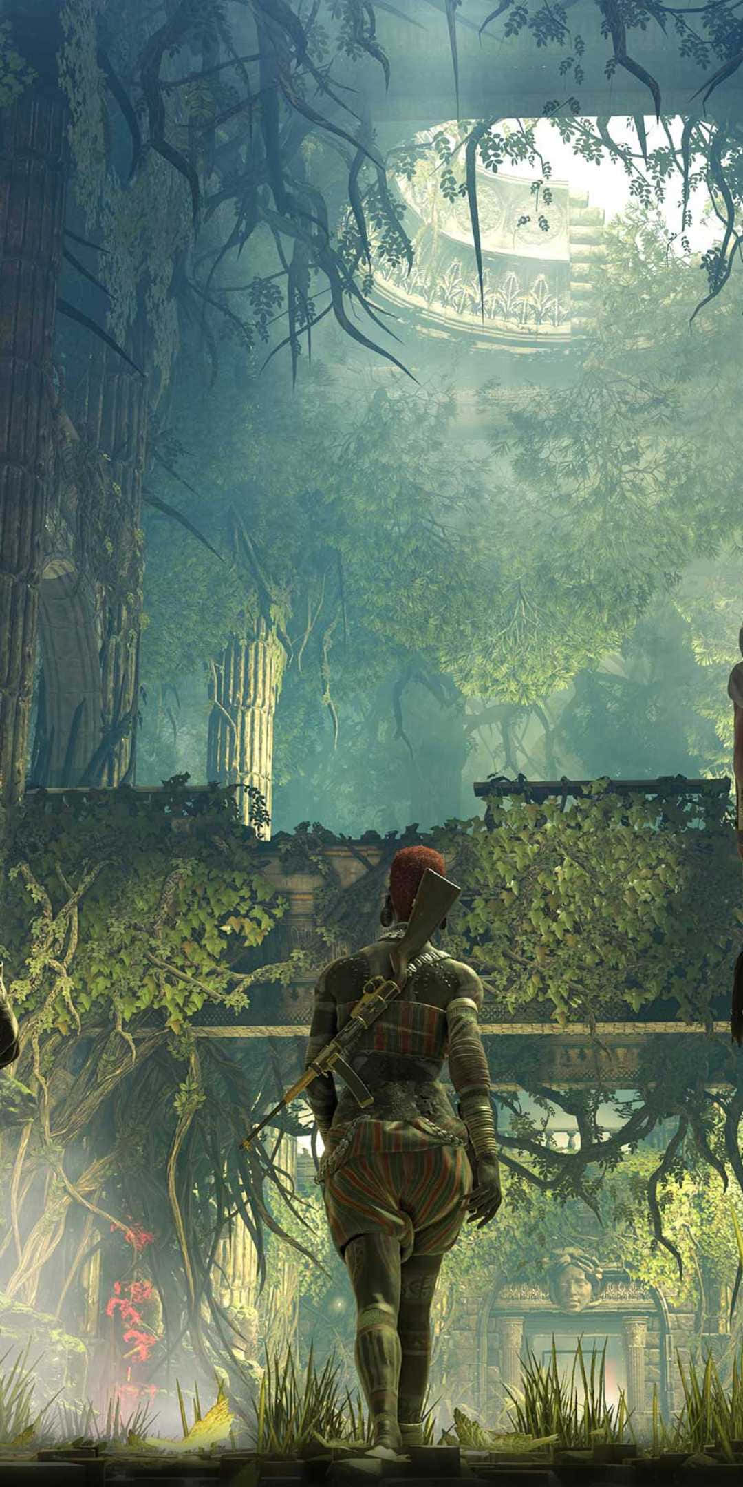 Pixel 3 Strange Brigade 桌布 壁紙 — 一位紅髮戰士穿過迷霧叢林，走向散發著空靈光芒的古老遺跡。