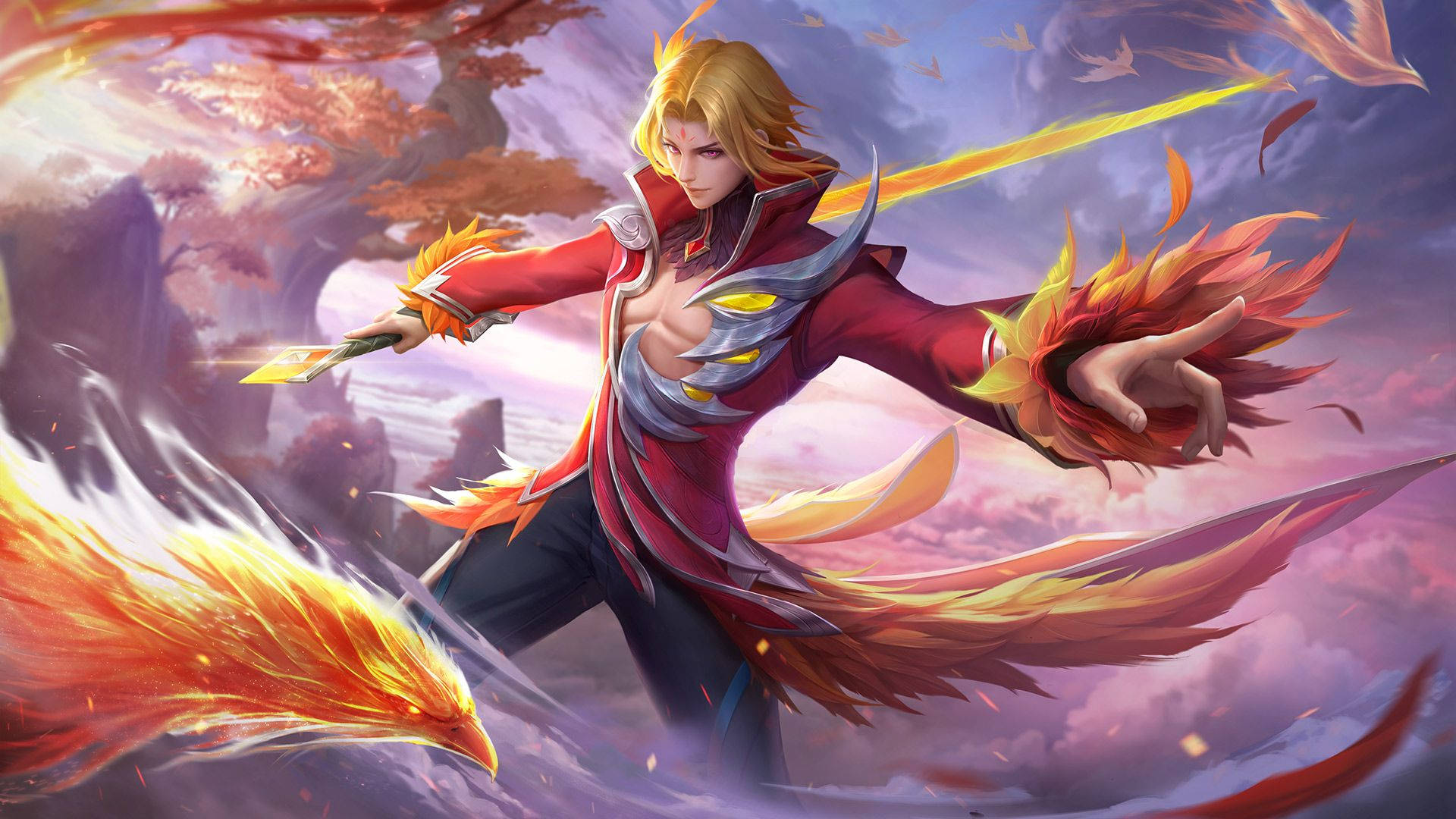 Mobile Legends 動態圖 桌布 壁紙 — 一位紅髮戰士身穿紅色盔甲，在暮色天空下，於旋轉的火焰和秋樹之間揮舞著發光的劍。