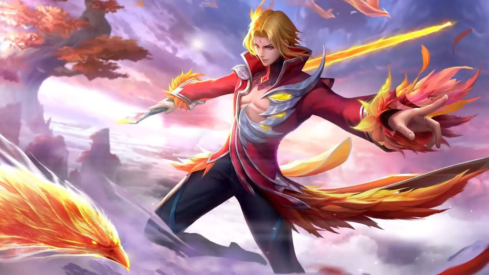 Mobile Legends 動態圖 桌布 壁紙 — 一位紅髮戰士身穿紅色盔甲，在暴風雨的天空下揮舞著發光的刀刃，周圍有鳳凰和浮空島嶼。