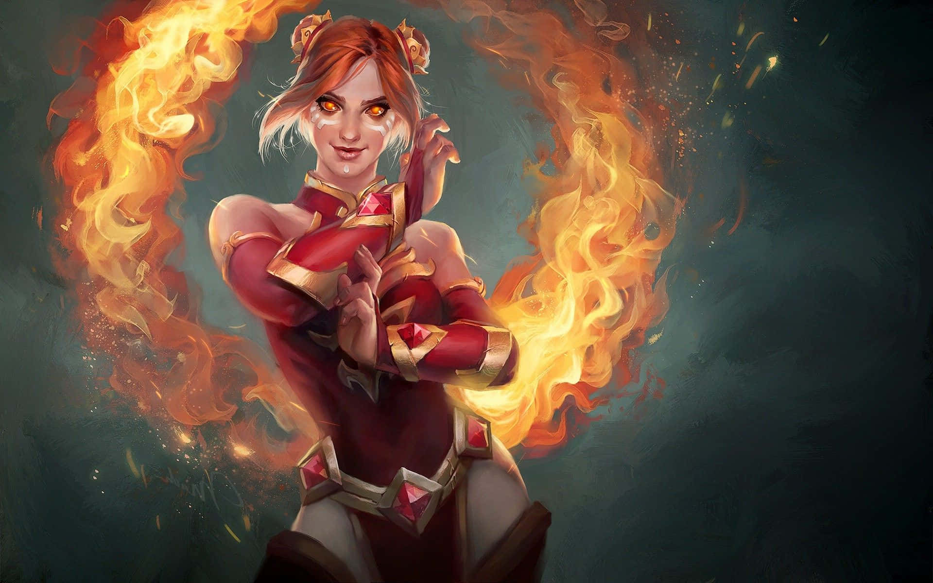 Dota 2 Lina 桌布 壁紙 — 一位紅髮戰士身穿紅色盔甲，在黑暗背景下將熊熊火焰引導至腰間發光的環中。