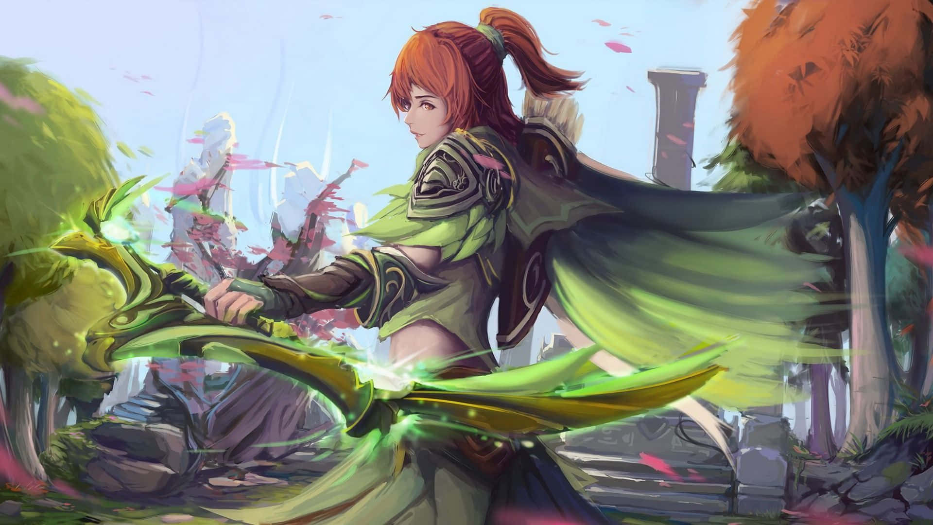 Windranger 桌布 壁紙 — 一位紅髮戰士身穿綠色盔甲，在飄落的粉紅花瓣和古代廢墟中揮舞著發光的劍。