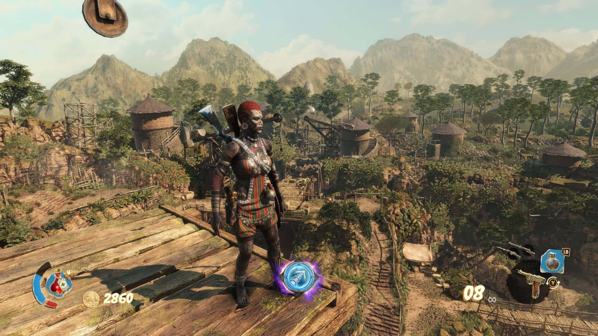 1366x768 Strange Brigade 桌布 壁紙 — 一位紅髮戰士身穿部落盔甲，站在木製平台上，俯瞰著坐落在綠色山丘和遠山之間的質樸村莊。