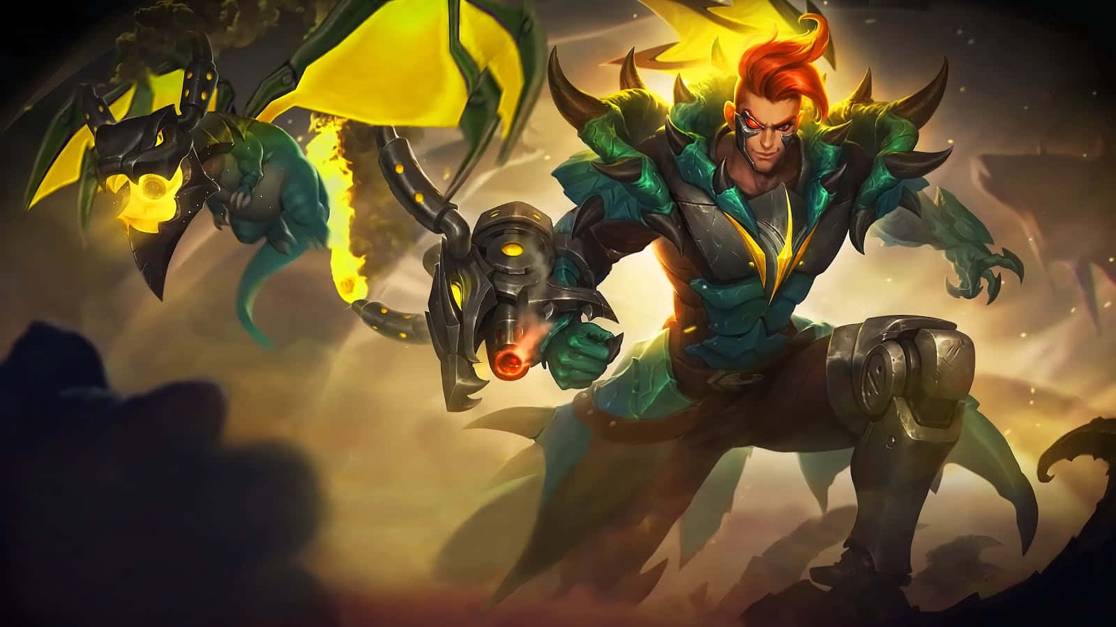 Mobile Legends 動態圖 桌布 壁紙 — 一位紅髮戰士身穿青綠色盔甲，揮舞著發光武器，身後煙霧瀰漫的戰場上有一條龍形生物翱翔。