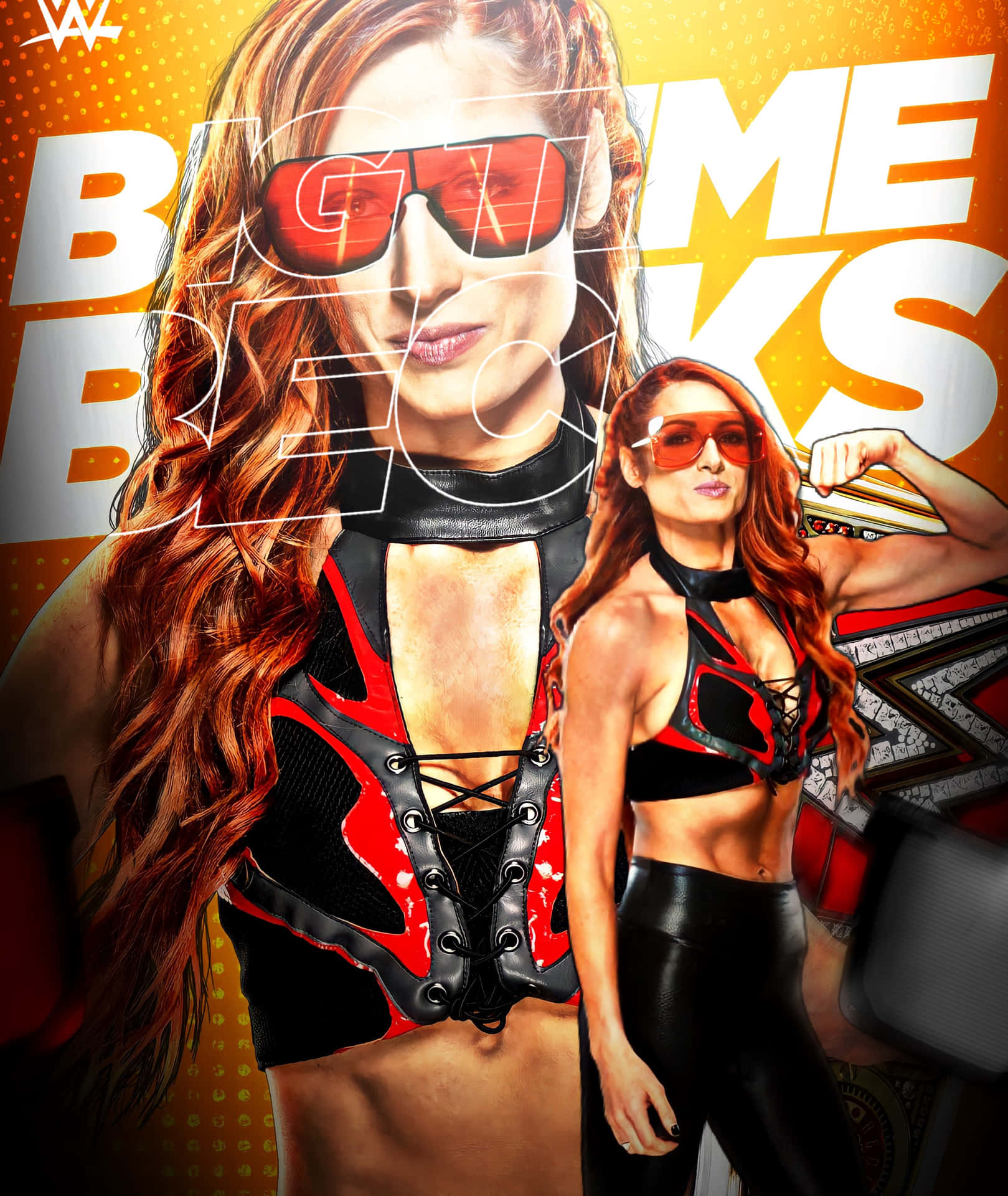 WWE摔角手貝琪·林奇，身穿紅黑服裝，戴太陽眼鏡。 — 壞女孩 GIF 壁紙