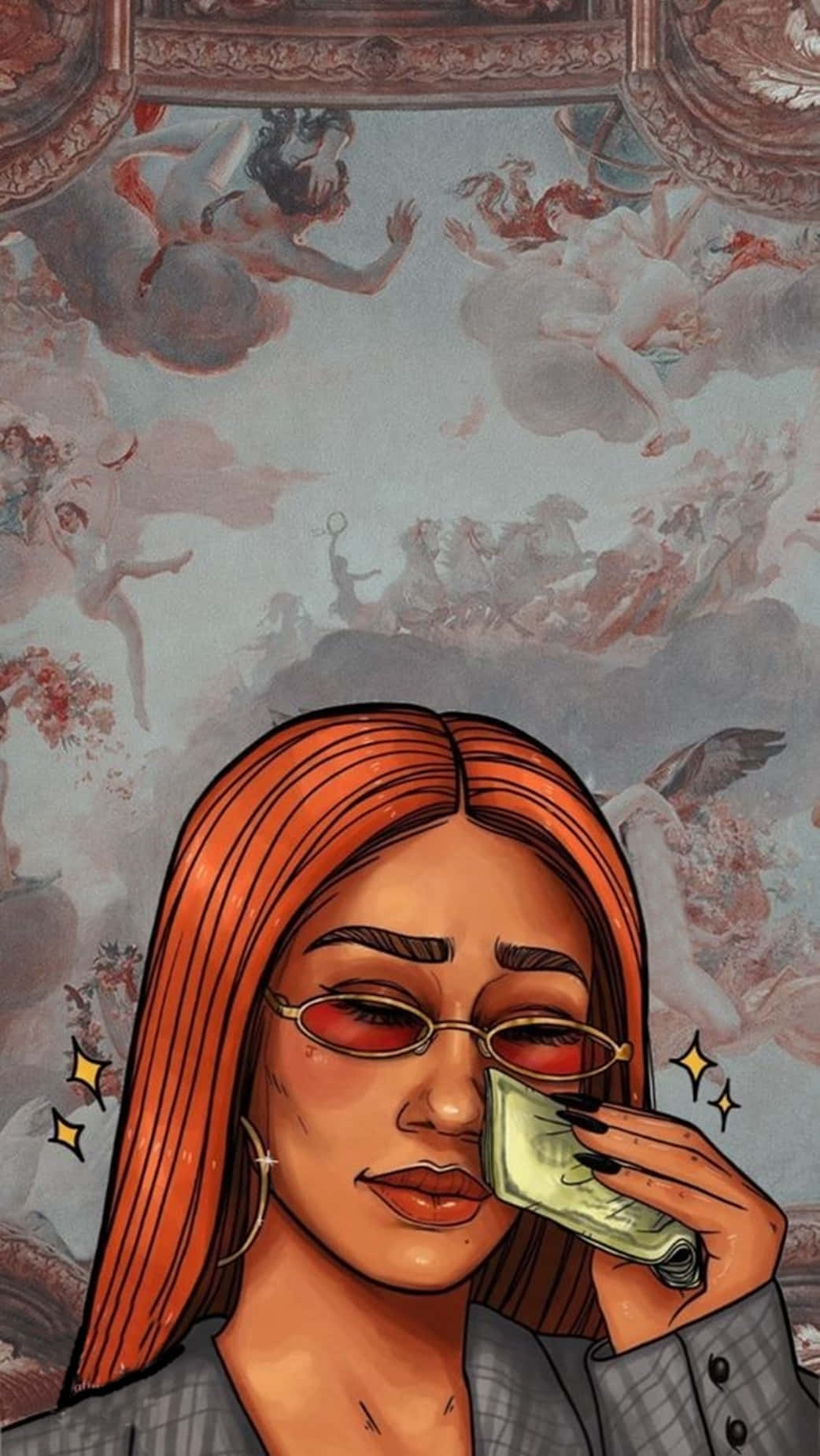 Girl Aesthetic 桌布 壁紙 — 一位紅髮戴眼鏡的女性，在裝飾華麗的天花板壁畫（帶有天使）背景下，將一張美元鈔票舉到臉前。