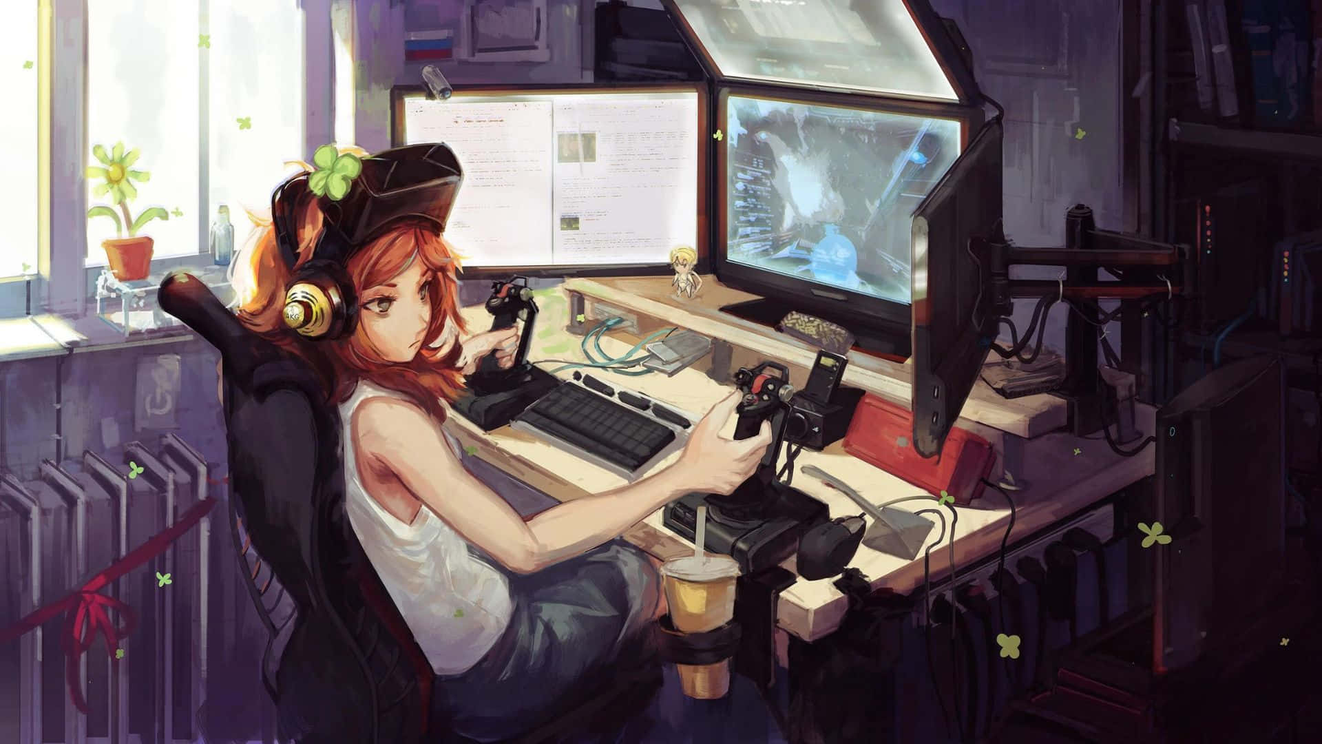 Aesthetic Anime Bedroom 桌布 壁紙 — 一位紅髮戴耳機的年輕女性，在一個舒適、燈光昏暗的房間裡，於一張堆滿多個顯示器的雜亂桌子上激烈地玩遊戲。