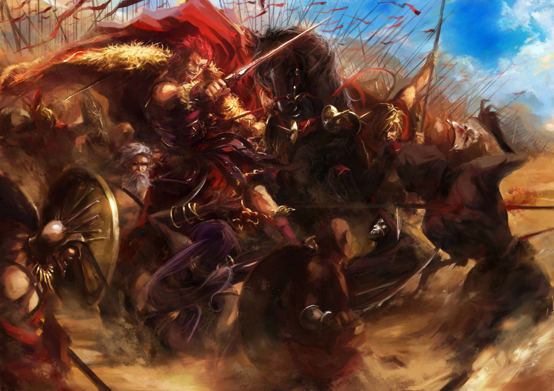 Animated 桌布 壁紙 — 一位紅髮披風的兇猛戰士騎馬衝過充滿士兵和飄揚旗幟的混亂戰場。