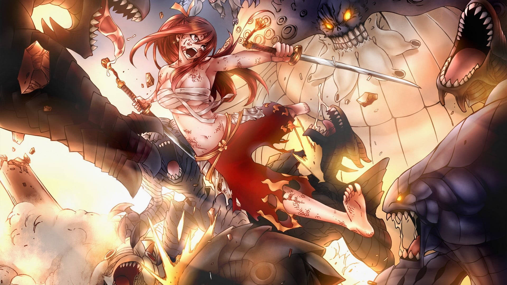 Fairy Tail Characters 桌布 壁紙 — 一位紅髮的兇猛動漫戰士在熾熱的戰鬥場景中斬殺怪獸。