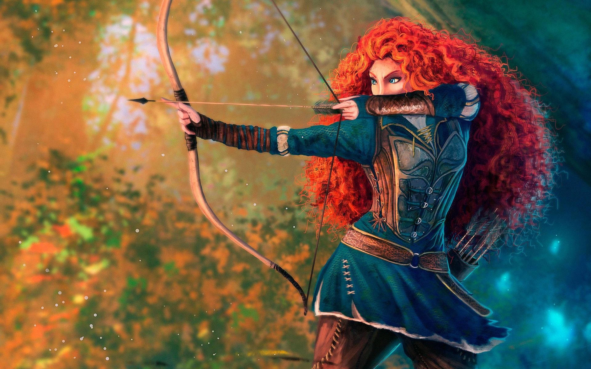 Merida 桌布 壁紙 — 一位紅髮的兇猛弓箭手身穿藍色盔甲，在充滿發光粒子的神秘森林中拉弓。