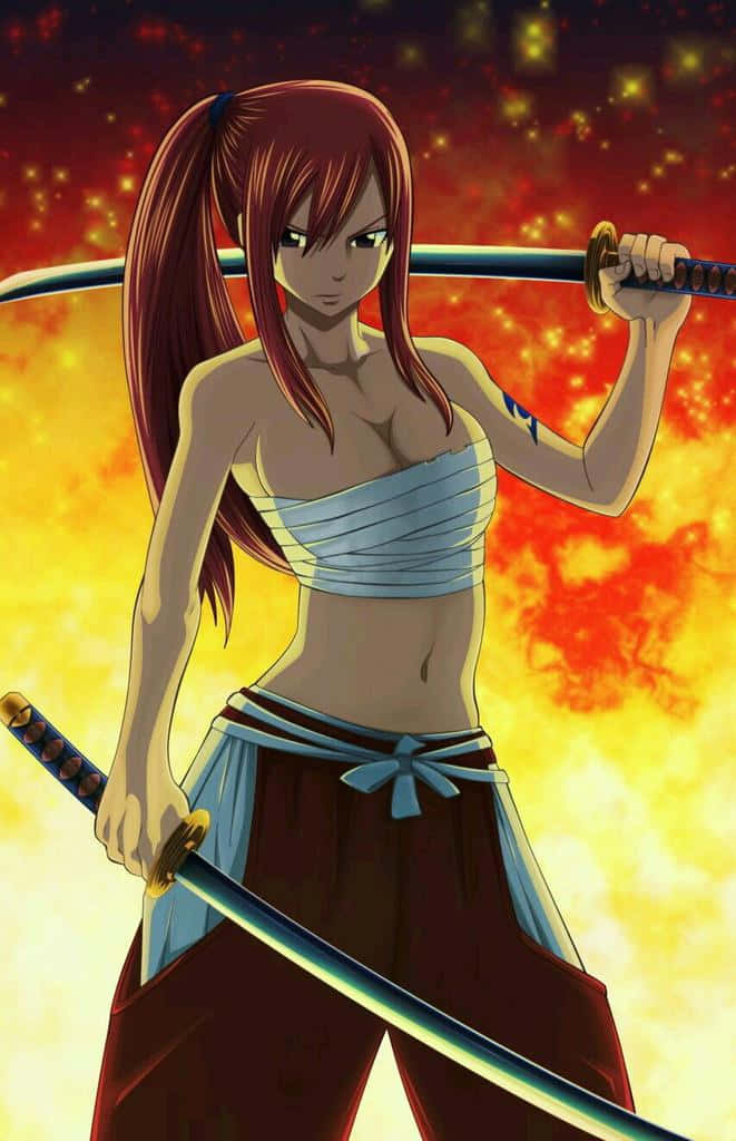 erza scarlet 桌布 壁紙 — 一位紅髮的動漫戰士決心在熾熱的夕陽背景下揮舞兩把劍。