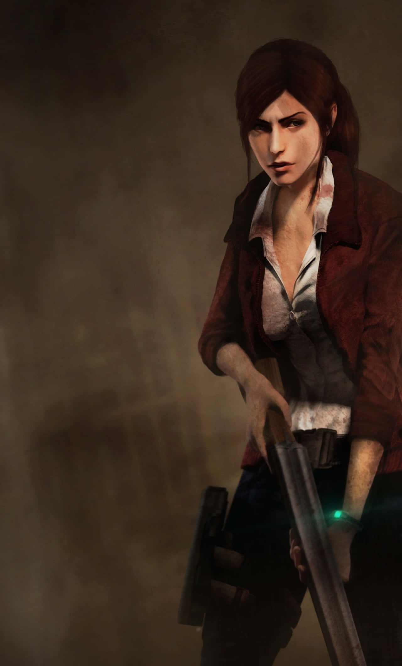 Resident Evil iPhone 桌布 壁紙 — 一位紅髮的堅定女性在昏暗、煙霧瀰漫的環境中手持獵槍，戴著綠色發光腕帶。
