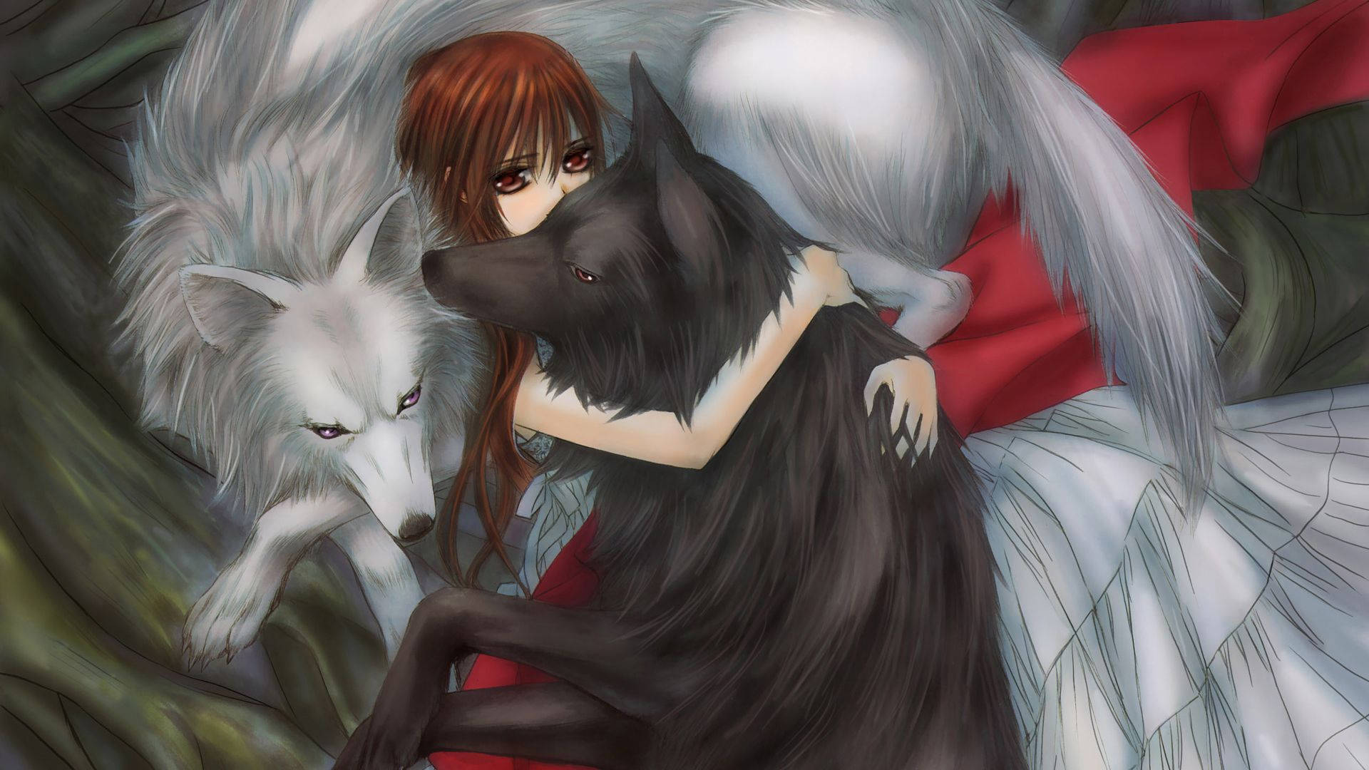 Wolf Girl 桌布 壁紙 — 一位紅髮的天使翅膀動漫女孩擁抱一隻黑狼，而一隻白狼在她旁邊觀看。