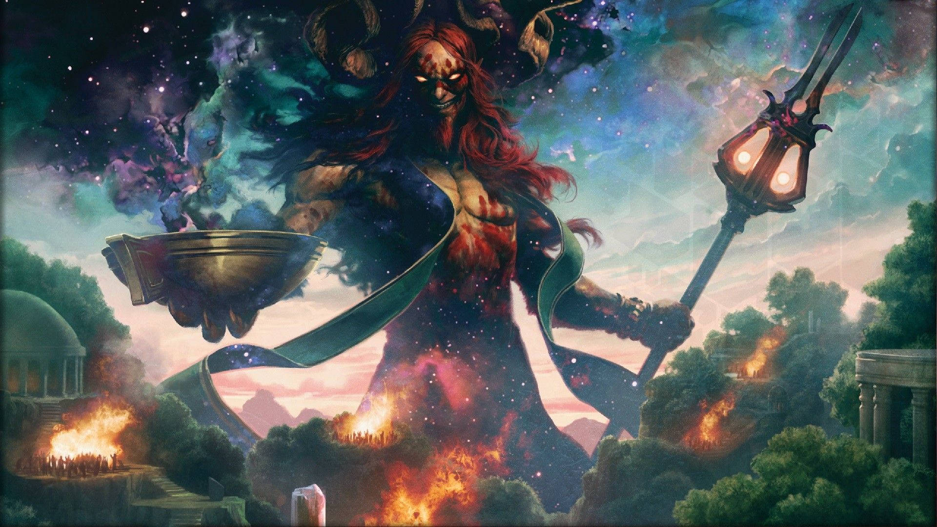 Gathering 桌布 壁紙 — 一位紅髮的宇宙惡魔女王在繁星點點的星雲天空下，於燃燒的廢墟中揮舞著發光的法杖和碗。