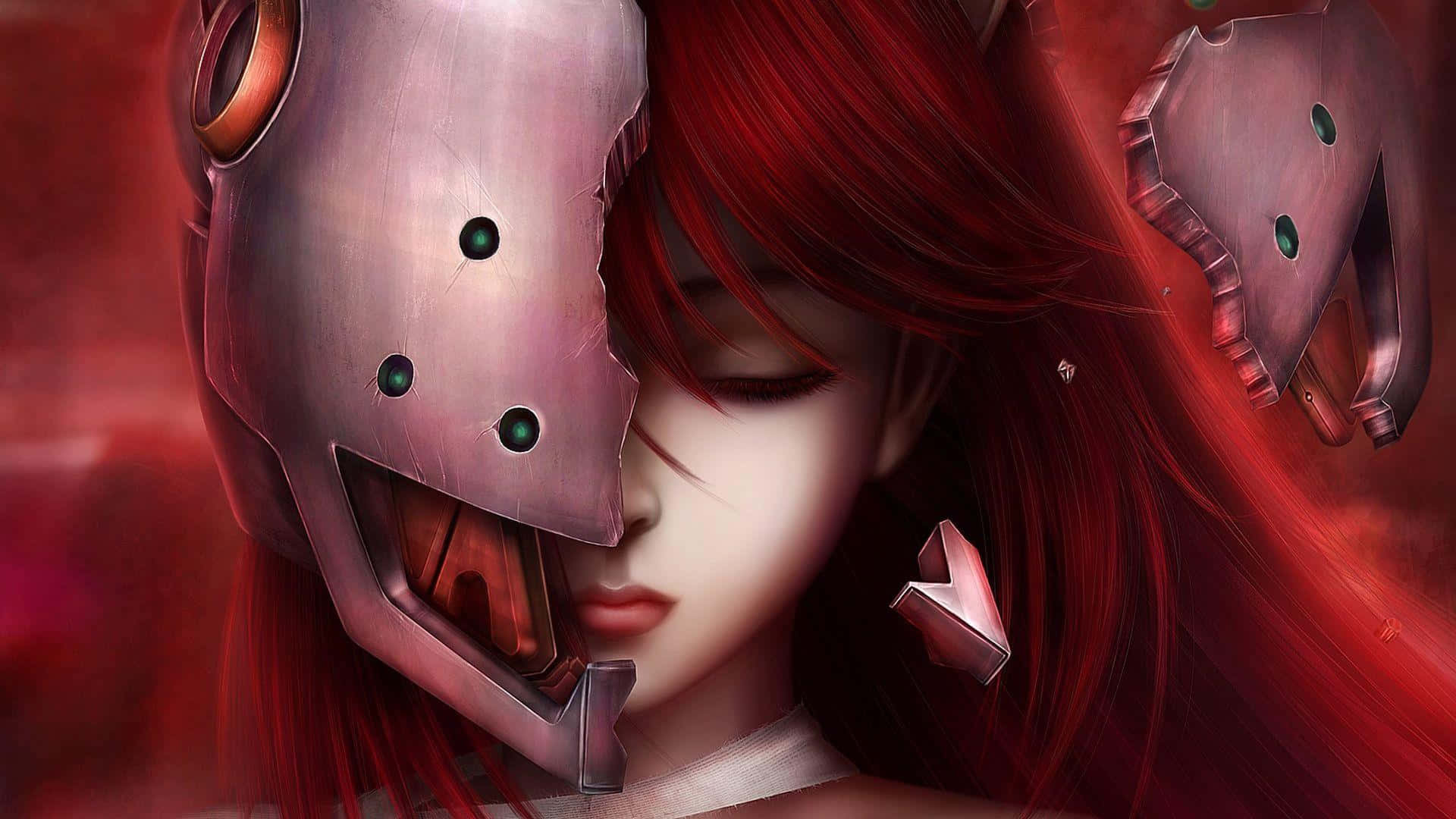 Elfen Lied 桌布 壁紙 — 一位紅髮的寧靜動漫女孩在深紅色的薄霧中輕輕地將一個破損的金屬頭盔抱在臉上。