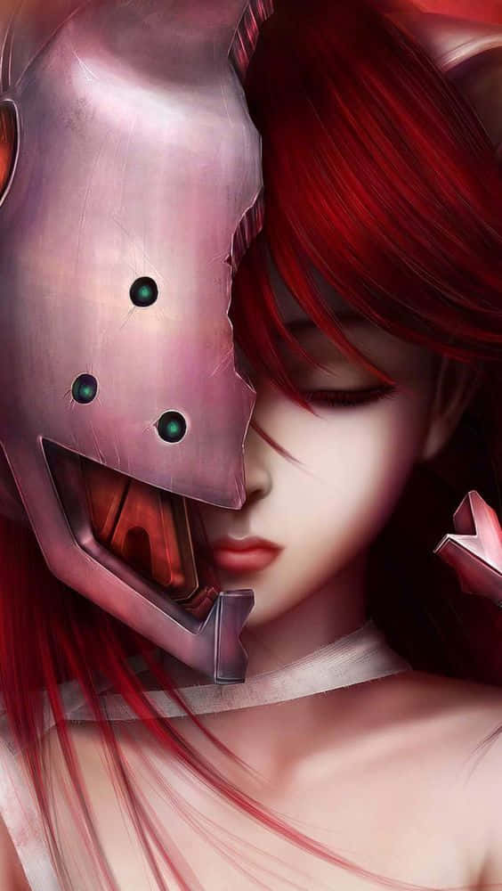Elfen Lied 桌布 壁紙 — 一位紅髮的寧靜動漫女孩輕輕地將頭靠在一個帶有發光綠色眼睛的破裂金屬頭盔上。