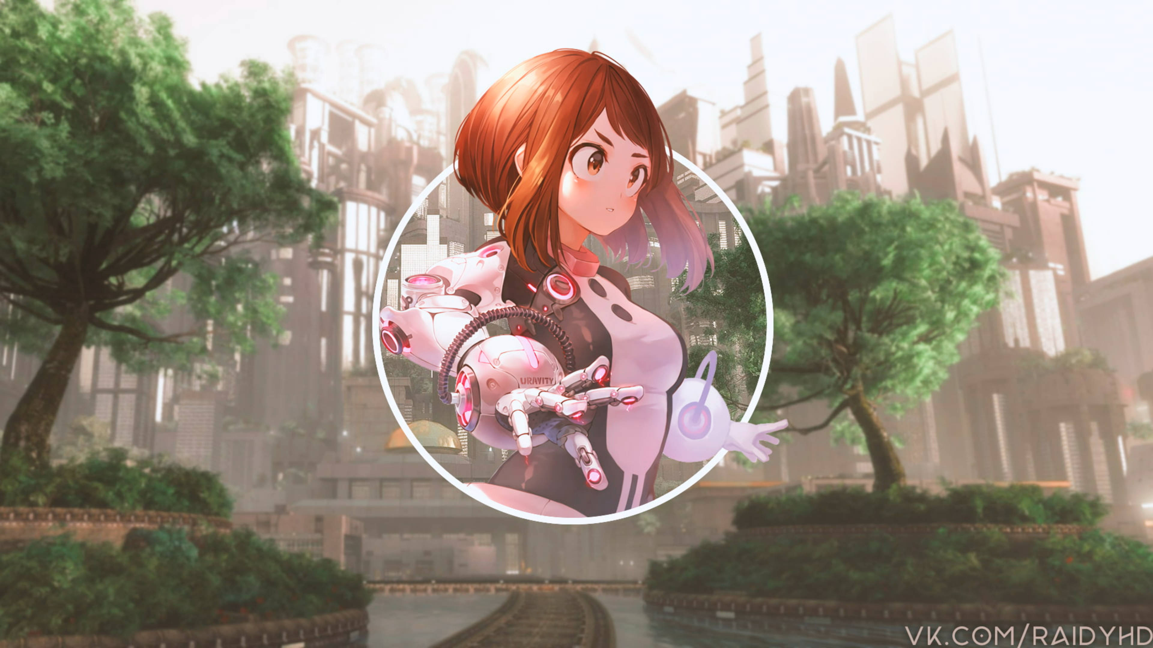 Uraraka 桌布 壁紙 — 一位紅髮的年輕動漫女孩在一個充滿未來感的城市公園中，抱著一個粉紅色的機械夥伴，周圍有茂密的綠樹。