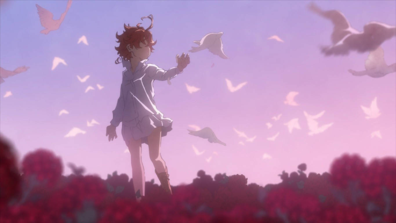 The Promised Neverland 桌布 壁紙 — 一位紅髮的年輕動漫女孩站在一片紅花田中，伸手觸摸在柔和紫色天空中飛翔的白鳥。
