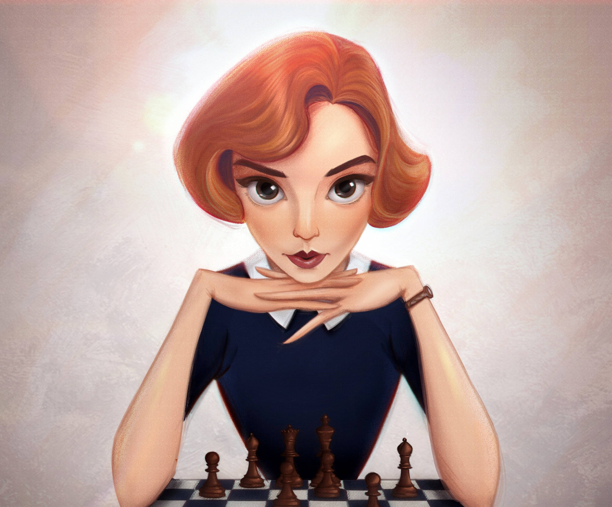 Gambit 桌布 壁紙 — 一位紅髮的風格化女性俯身在棋盤上，雙手交疊在下巴下方，專注地凝視著棋子。
