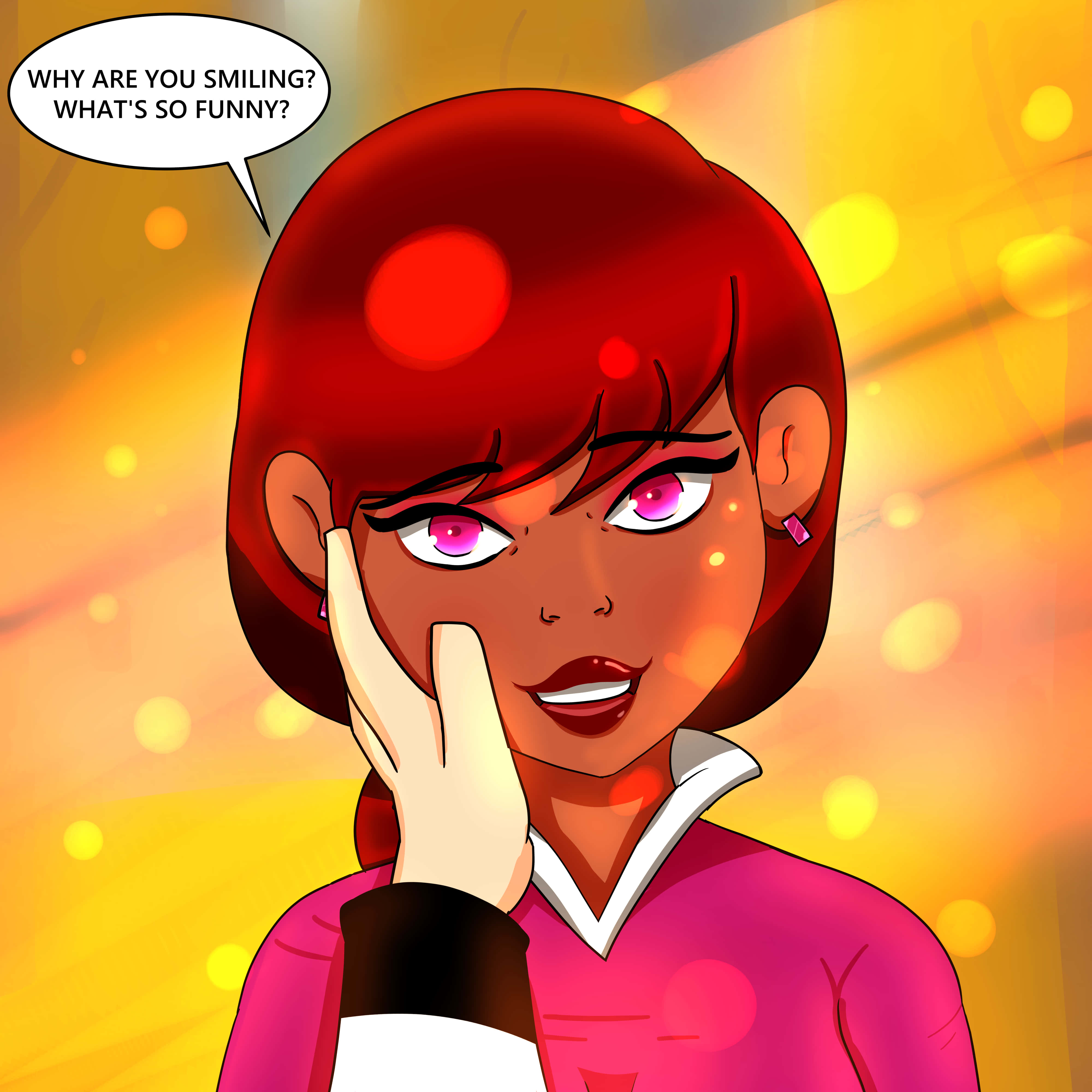Animated 桌布 壁紙 — 一位紅髮粉紅眼睛的動漫女孩，調皮地微笑著捂住嘴巴，周圍是溫暖的金色散景燈光。