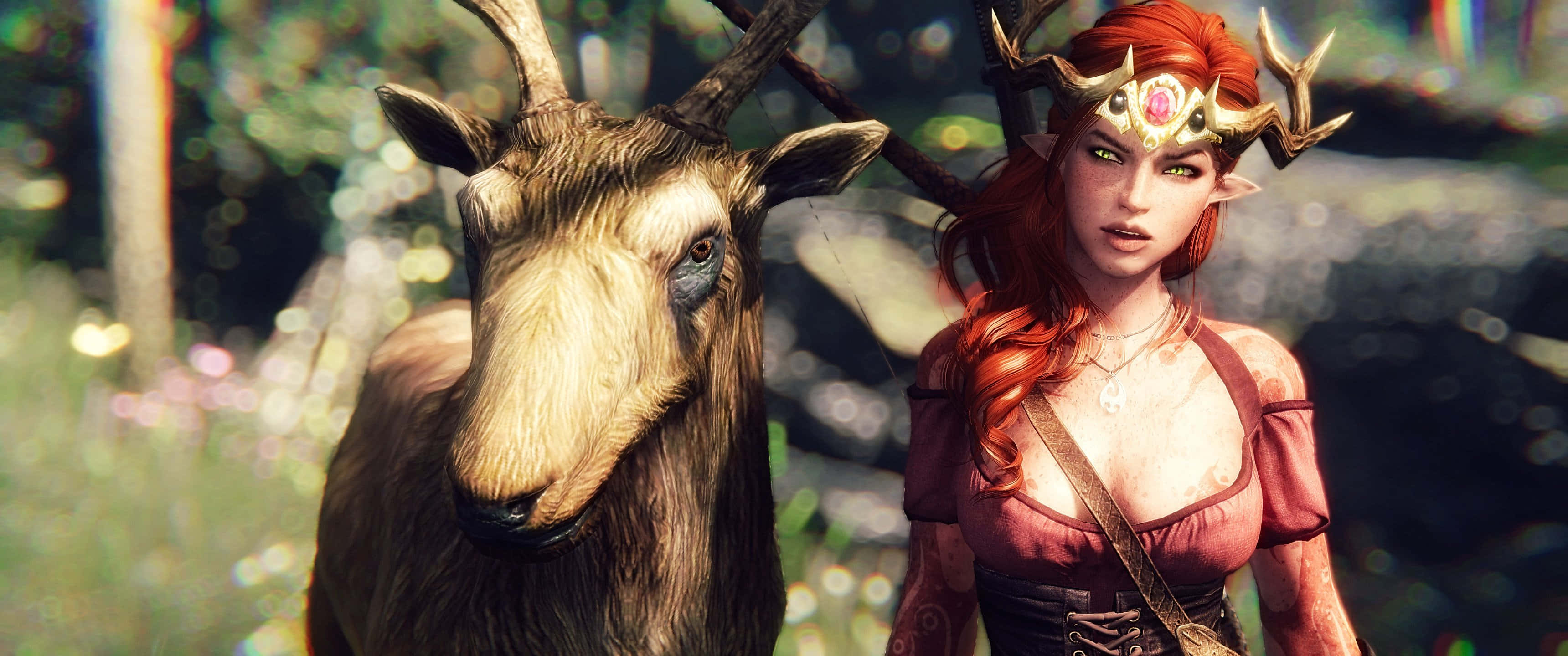 3440x1440p The Elder Scrolls V Skyrim 桌布 壁紙 — 一位紅髮精靈女子戴著鹿角冠，站在陽光明媚的森林空地上，旁邊有一隻山羊。
