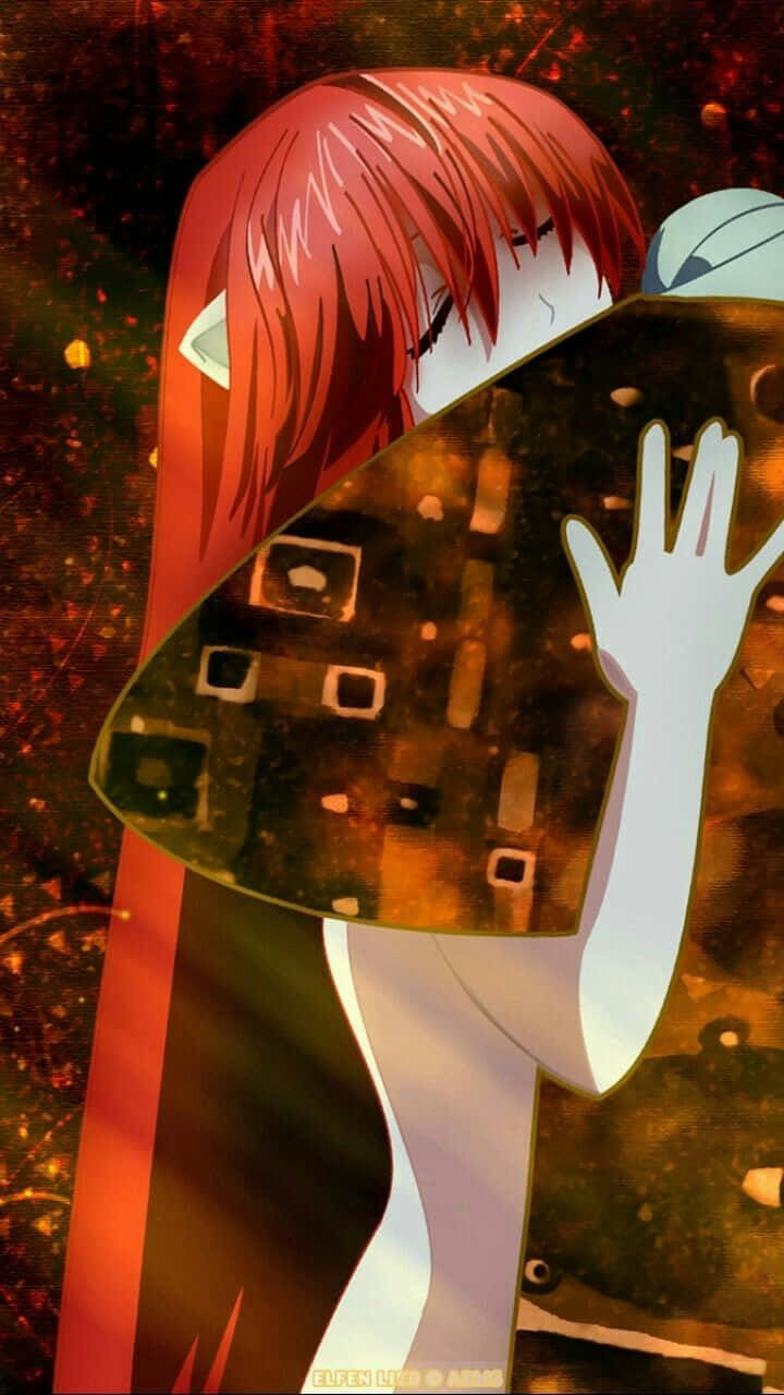 Elfen Lied 桌布 壁紙 — 一位紅髮精靈耳動漫女孩手持破碎的鏡子，鏡中映出她的手，背景是熾熱的宇宙。