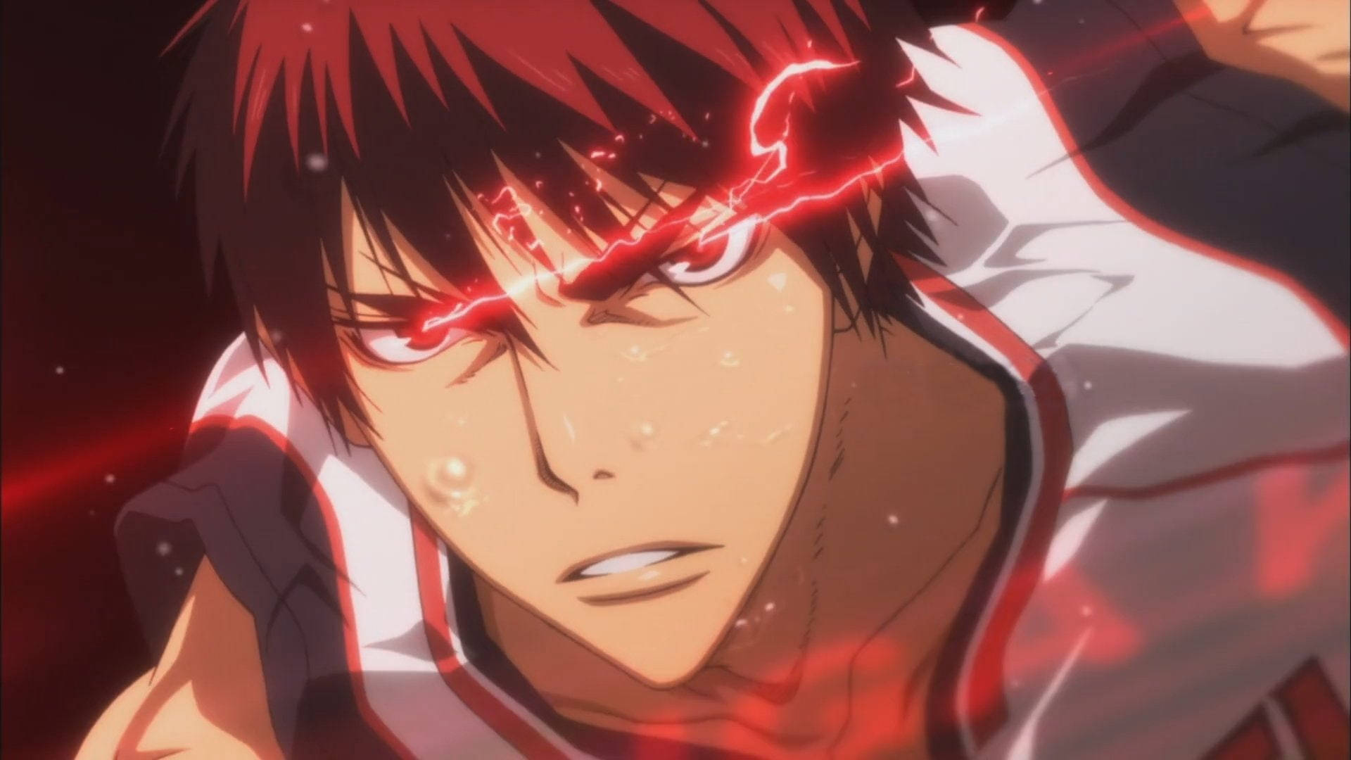 Kuroko No Basket 桌布 壁紙 — 一位紅髮紅眼的動漫籃球運動員在戲劇性燈光下於比賽中激烈奮戰。