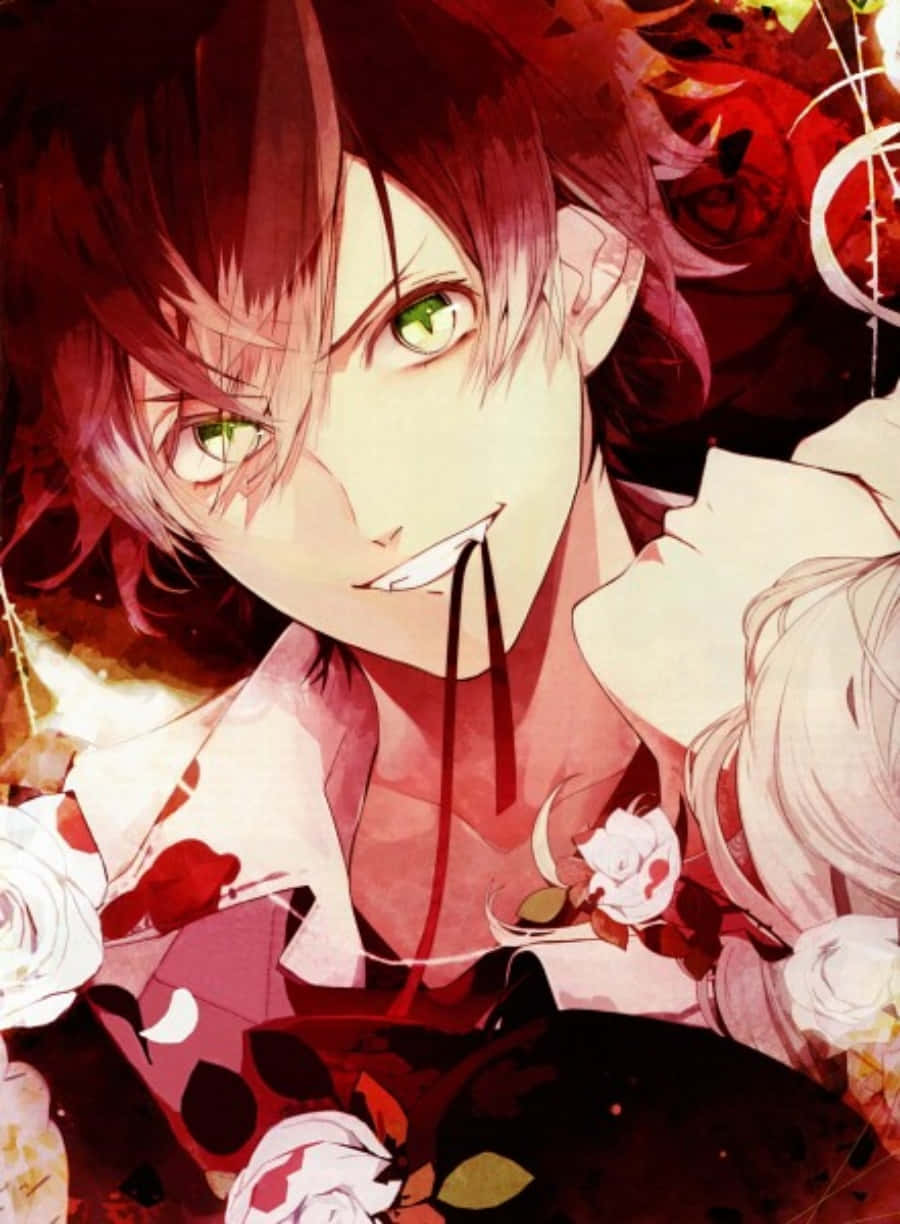 Diabolik Lovers 桌布 壁紙 — 一位紅髮綠眼的動漫男孩微笑著手持玫瑰，被紅白玫瑰環繞，構成戲劇性的畫面。