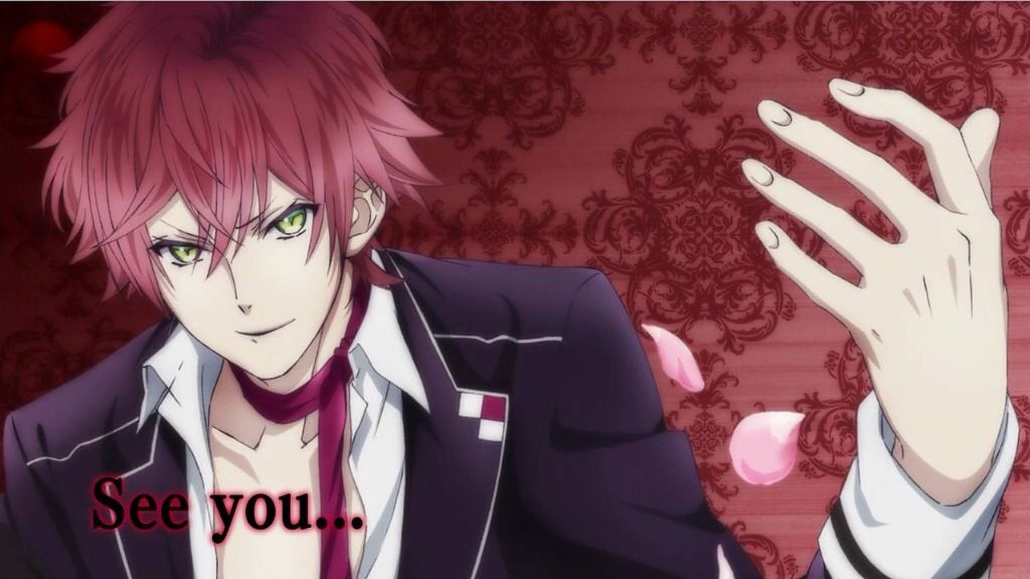 Diabolik Lovers 桌布 壁紙 — 一位紅髮綠眼的動畫男性穿著深色西裝，在紅色錦緞壁紙前做手勢，粉紅色花瓣飄過。
