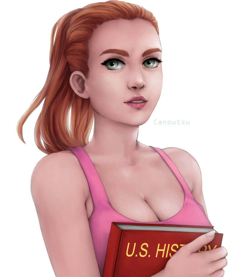 Summer Smith 桌布 壁紙 — 一位紅髮綠眼的年輕女性，身穿粉紅色背心，在純白背景前手持一本U.S. History書。