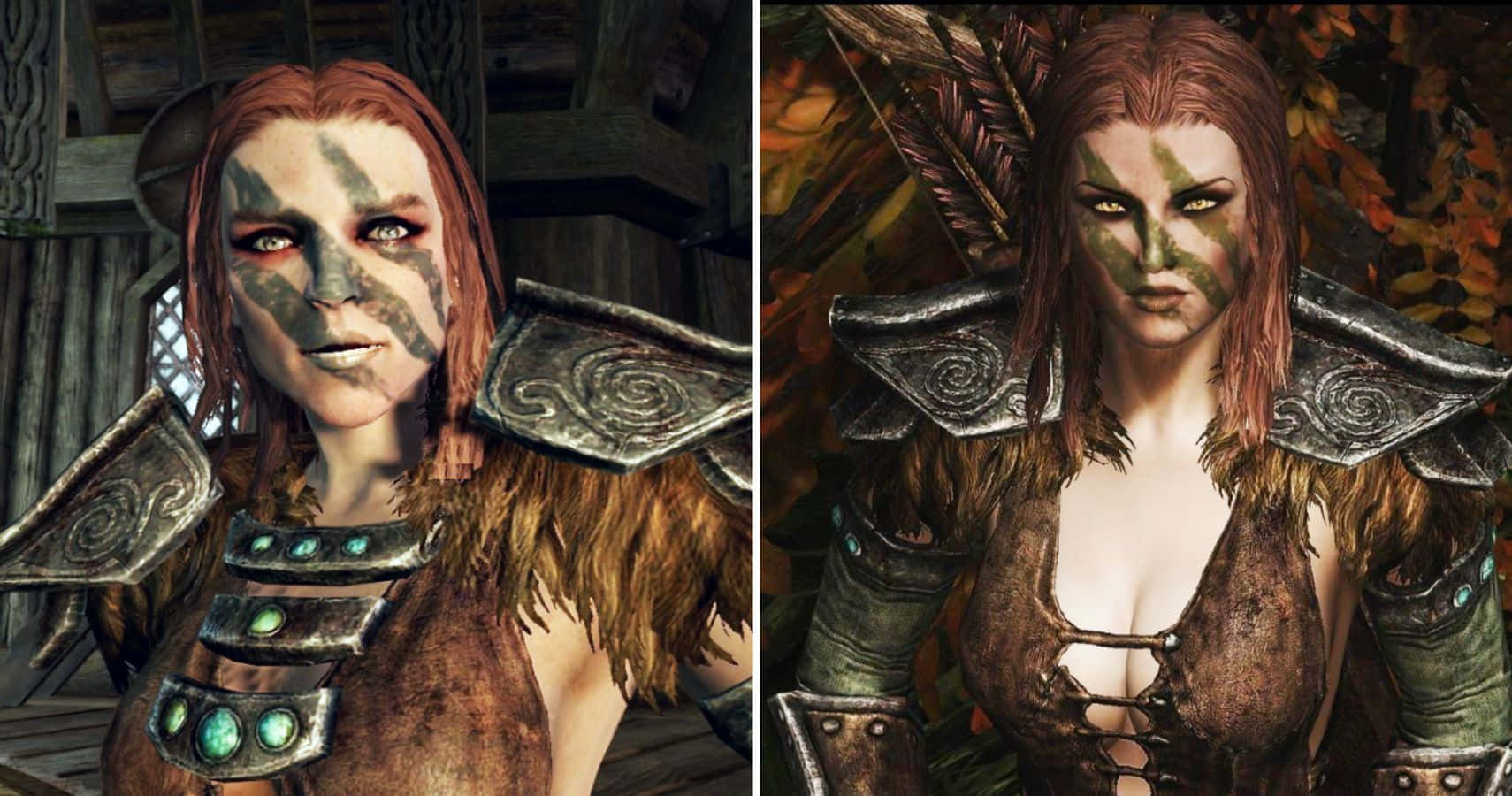 Aela The Huntress 桌布 壁紙 — 一位紅髮綠臉的戰士女子，在質樸的木製室內和秋日森林中穿著華麗的盔甲。