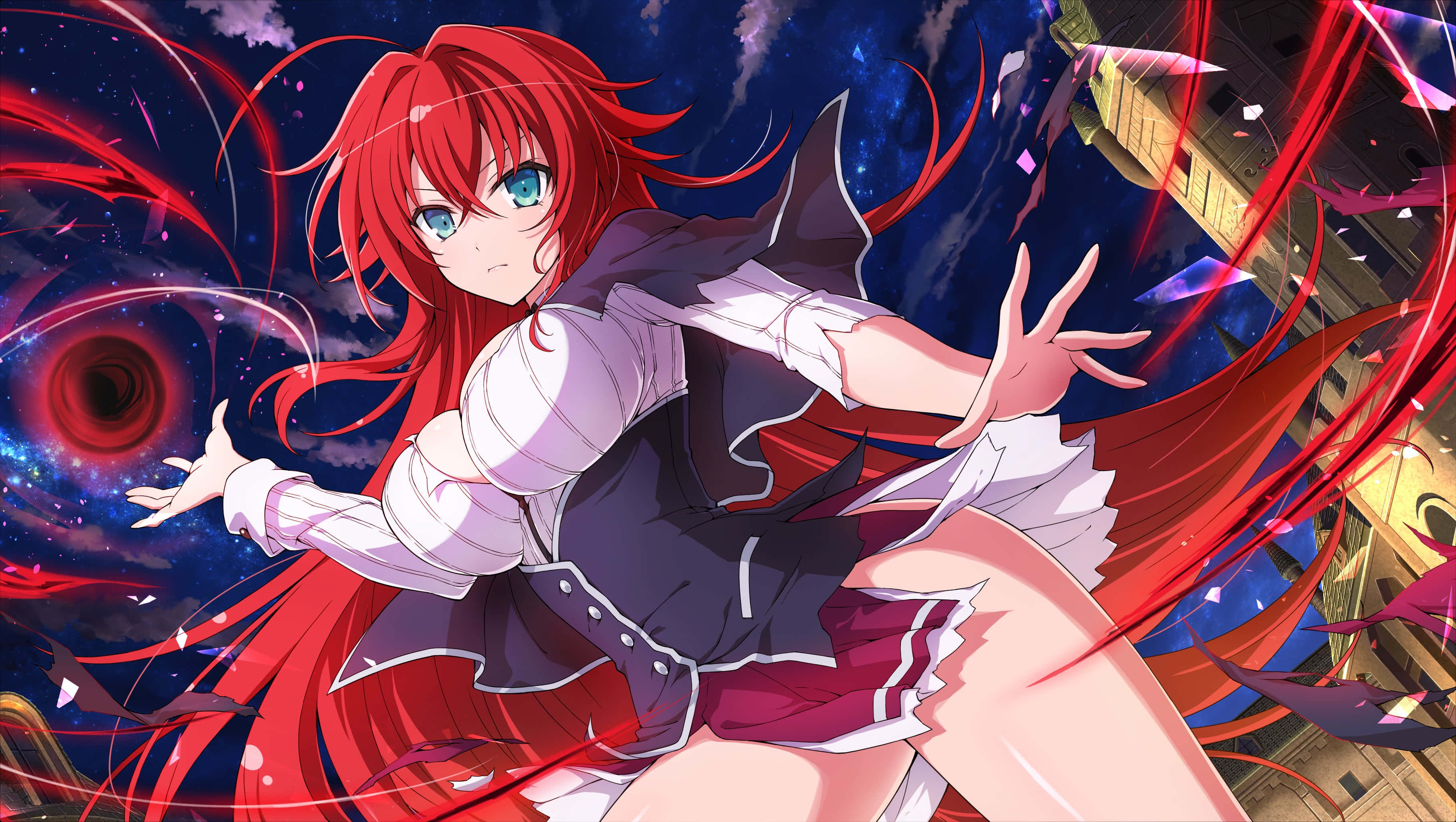 Rias Gremory 桌布 壁紙 — 一位紅髮藍眼的動漫女孩在旋轉星系和漂浮碎片的宇宙背景下伸出雙手。
