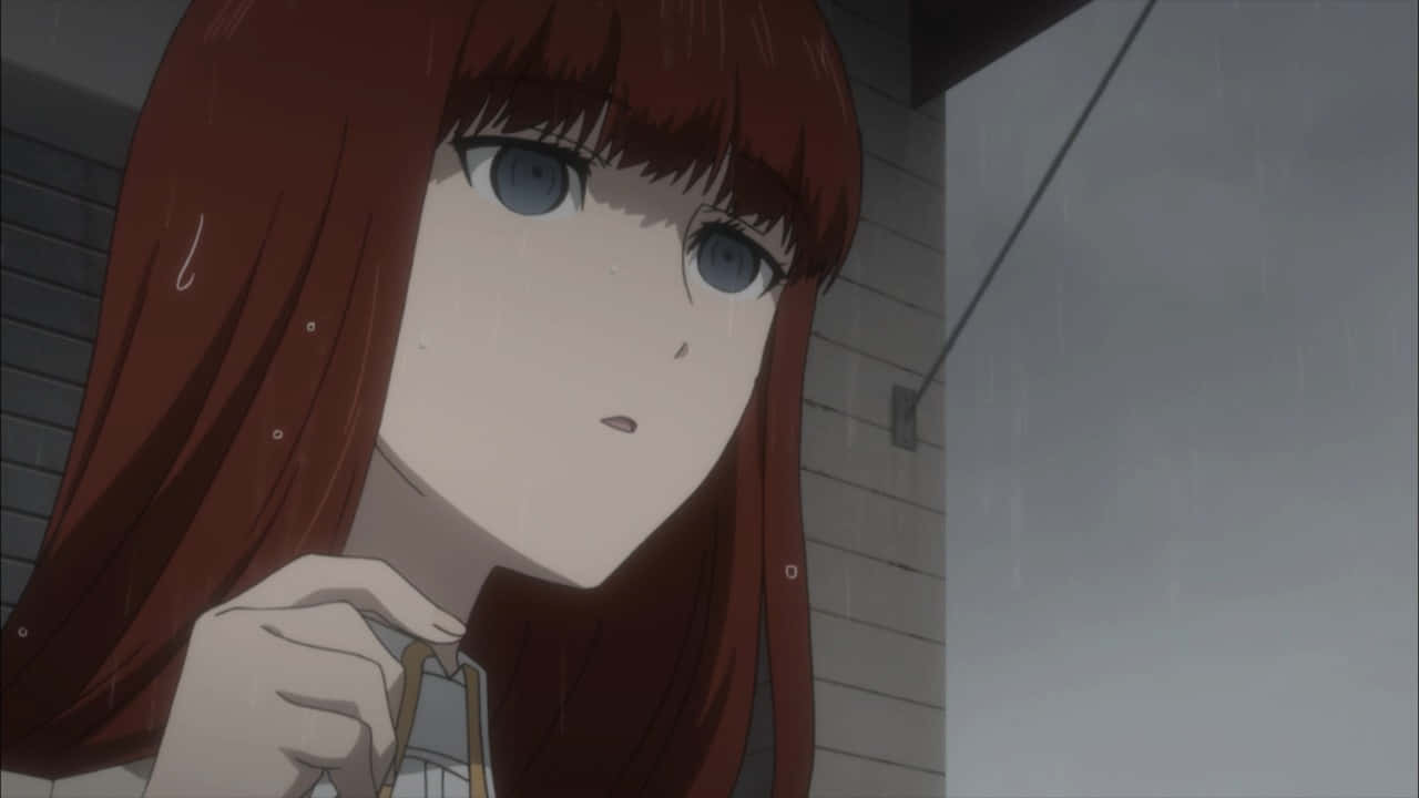 Kagari Shiina 桌布 壁紙 — 一位紅髮藍眼的動漫女孩站在雨中撐著傘，對著灰色磚牆若有所思。