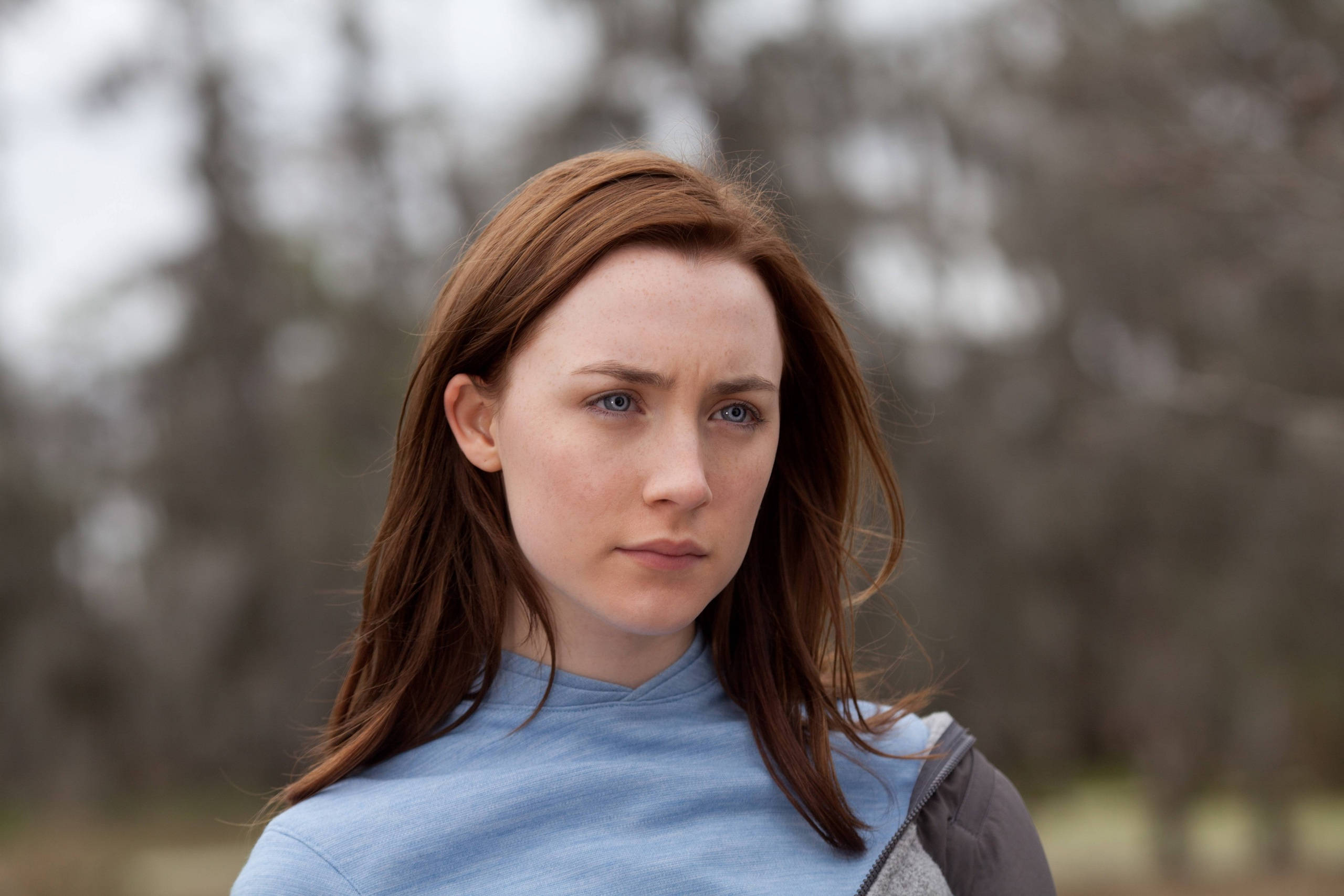 Saoirse Ronan 桌布 壁紙 — 一位紅髮藍眼的年輕女子在模糊的森林背景下專注地凝視著相機。
