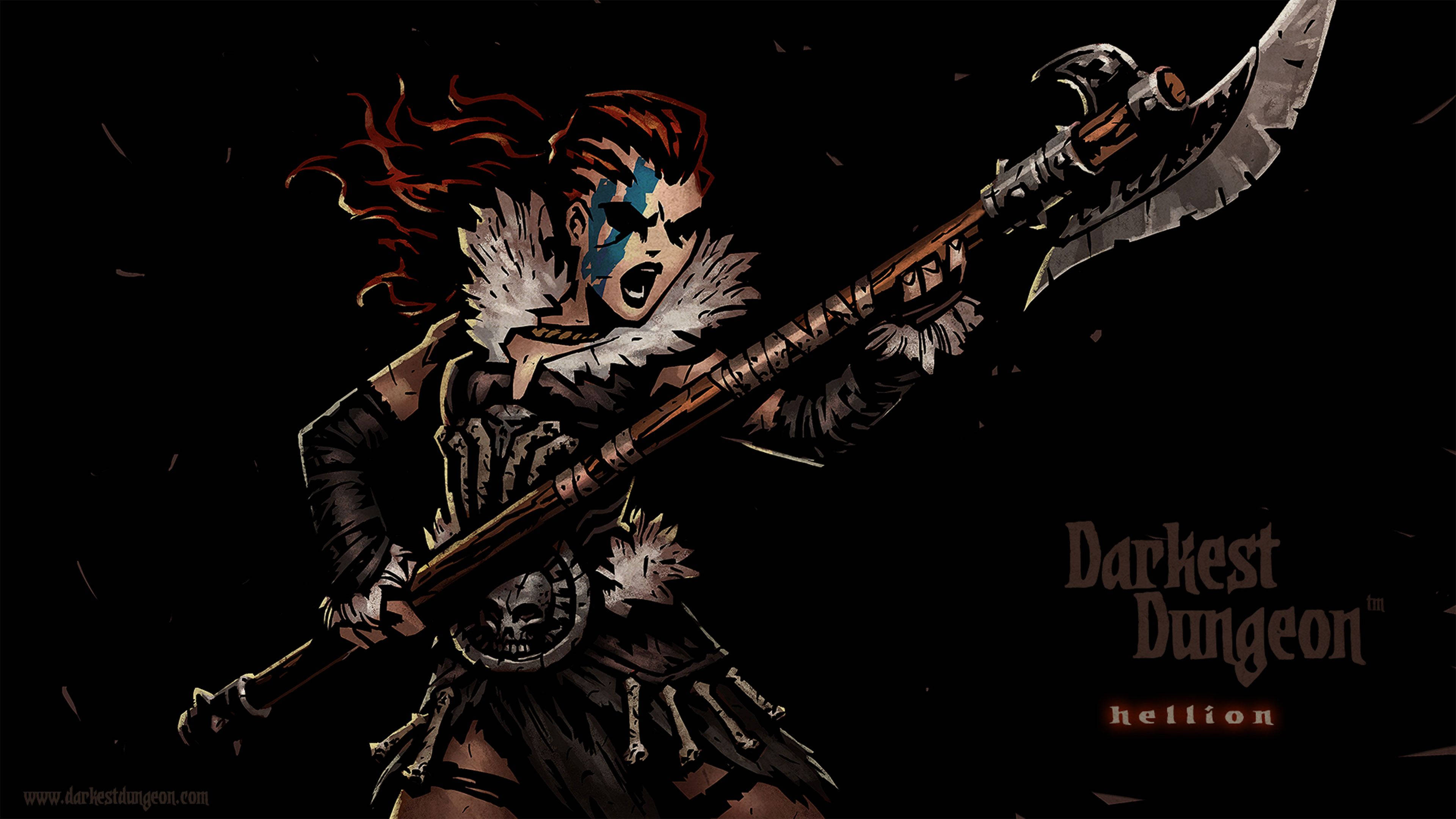 Dungeon 桌布 壁紙 — 一位紅髮藍臉的兇猛戰士在黑暗背景下揮舞著巨大的戰斧。