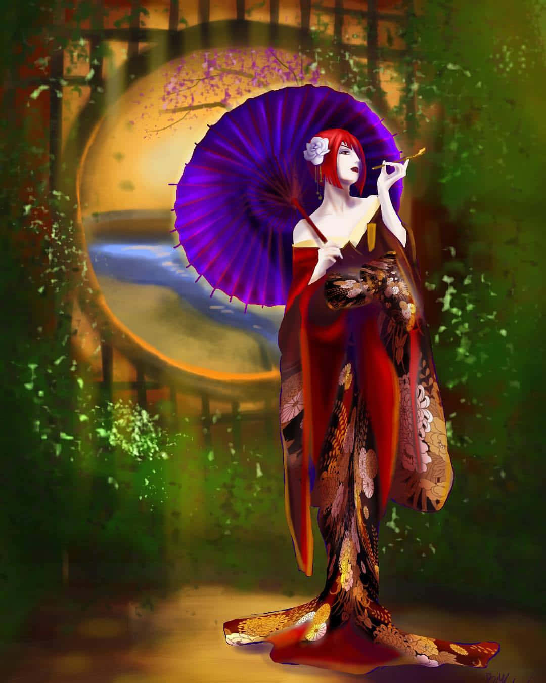Madam Red 桌布 壁紙 — 一位紅髮藝妓穿著花卉和服，手持紫色陽傘，在月光下茂盛的花園中抽煙。