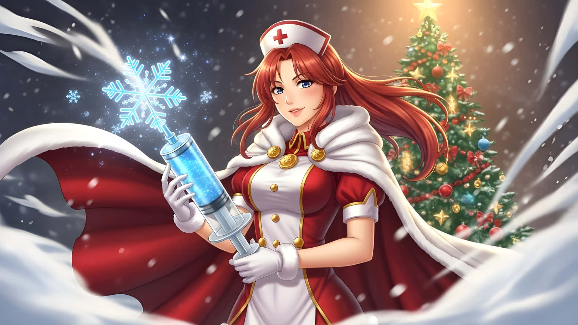 Nurse with Syringe and Snowflakes Christmas 壁紙 — 一位紅髮護士穿著節日服裝，手持一支發光的注射器，噴出雪花，背景是雪景和裝飾好的聖誕樹。