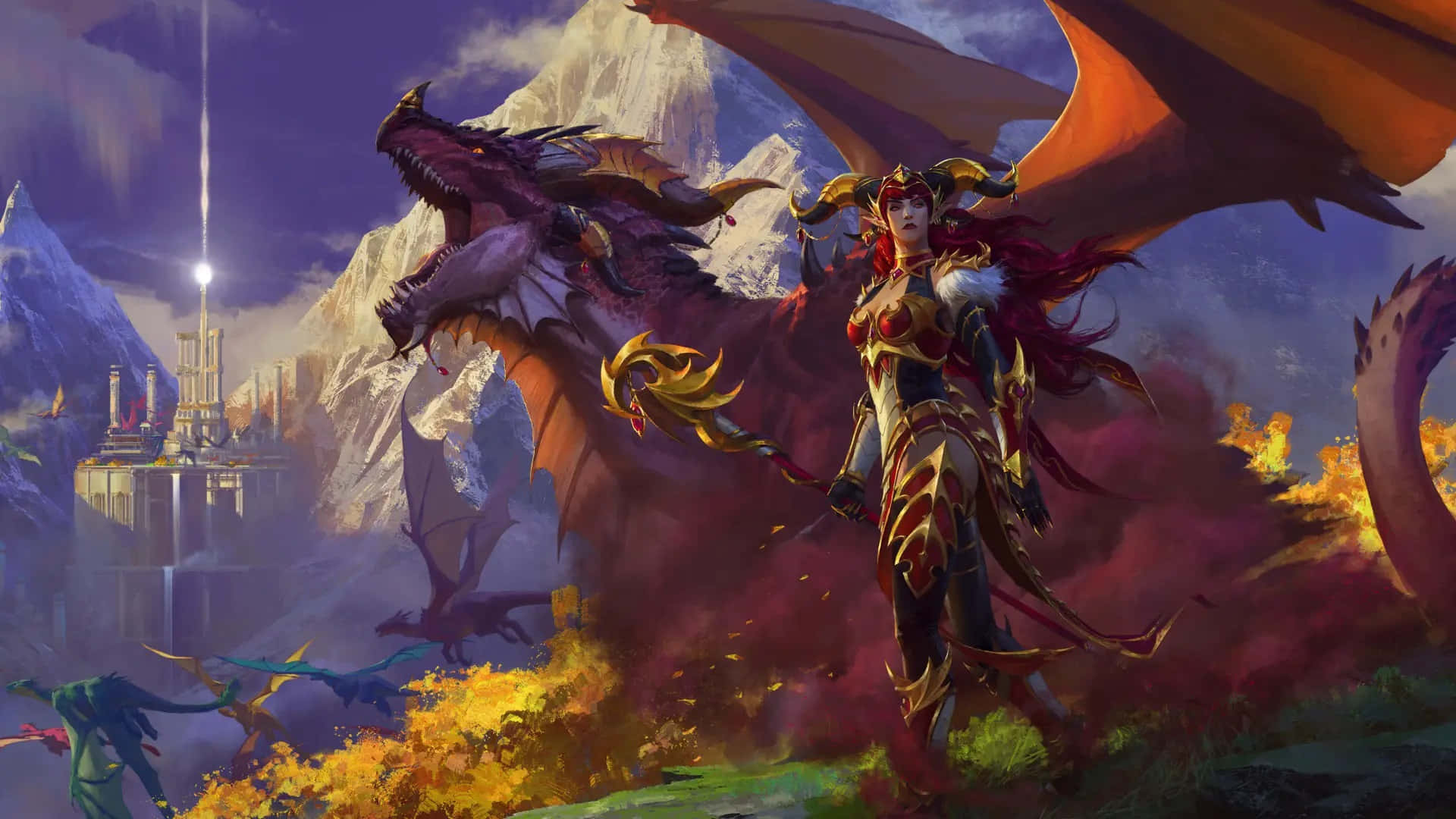 World Of Warcraft Races 桌布 壁紙 — 一位紅髮金甲的戰士女子，在雪山和發光塔樓的背景下，挑釁地站在一隻巨大的紫色龍旁邊。