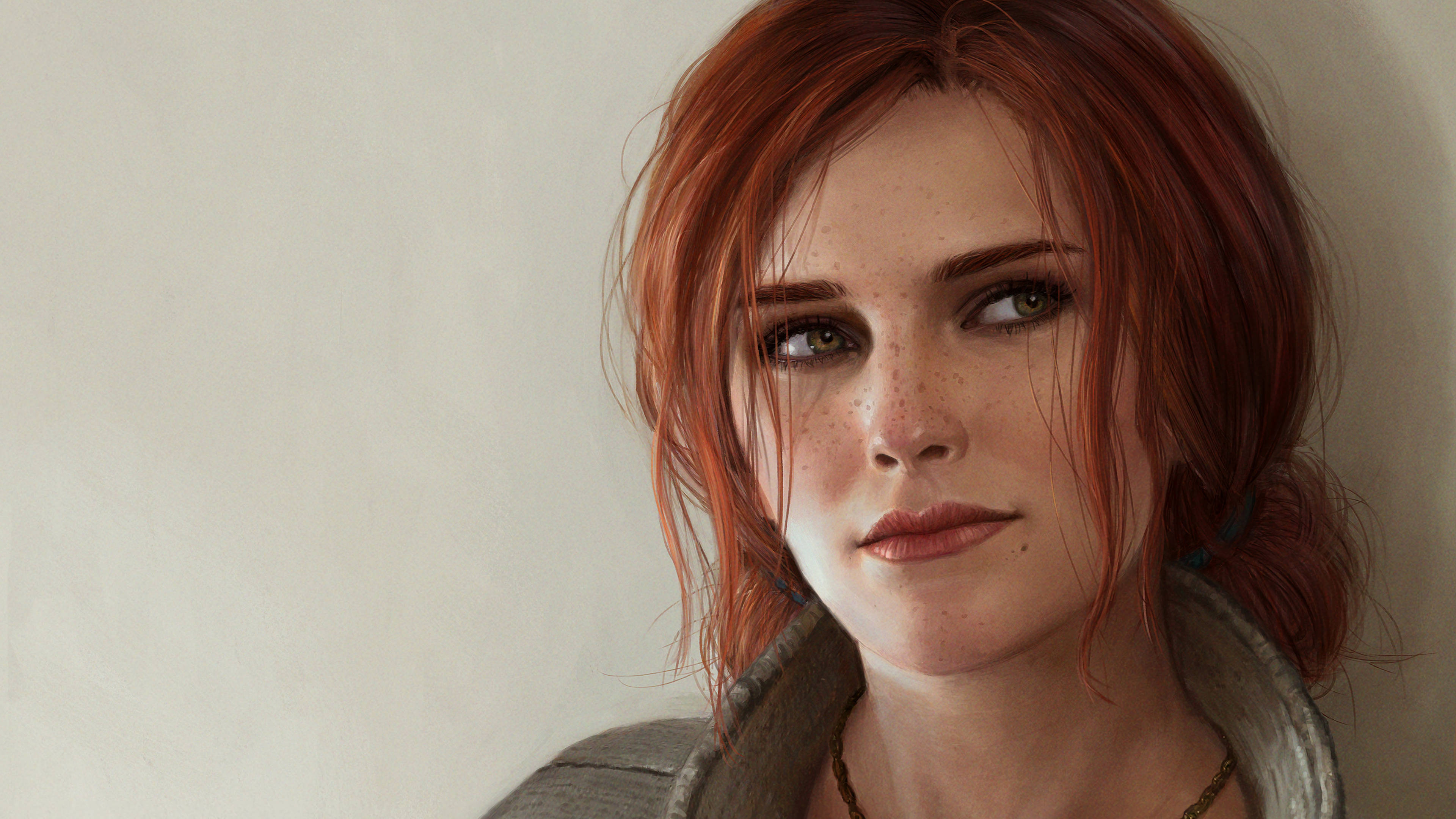 witcher 4K 桌布 壁紙 — 一位紅髮雀斑女性的特寫肖像，對著素牆若有所思地凝視。