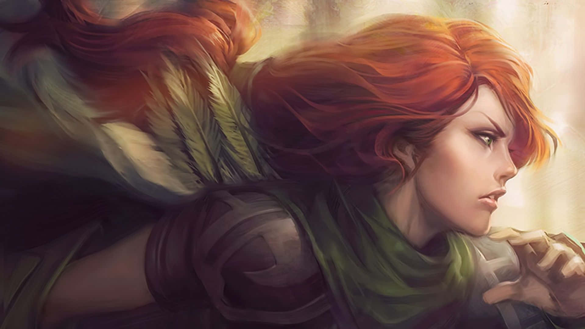 Windranger 桌布 壁紙 — 一位紅髮飄逸、圍著綠色圍巾的兇猛戰士，在動態數位插圖中專注地凝視前方。