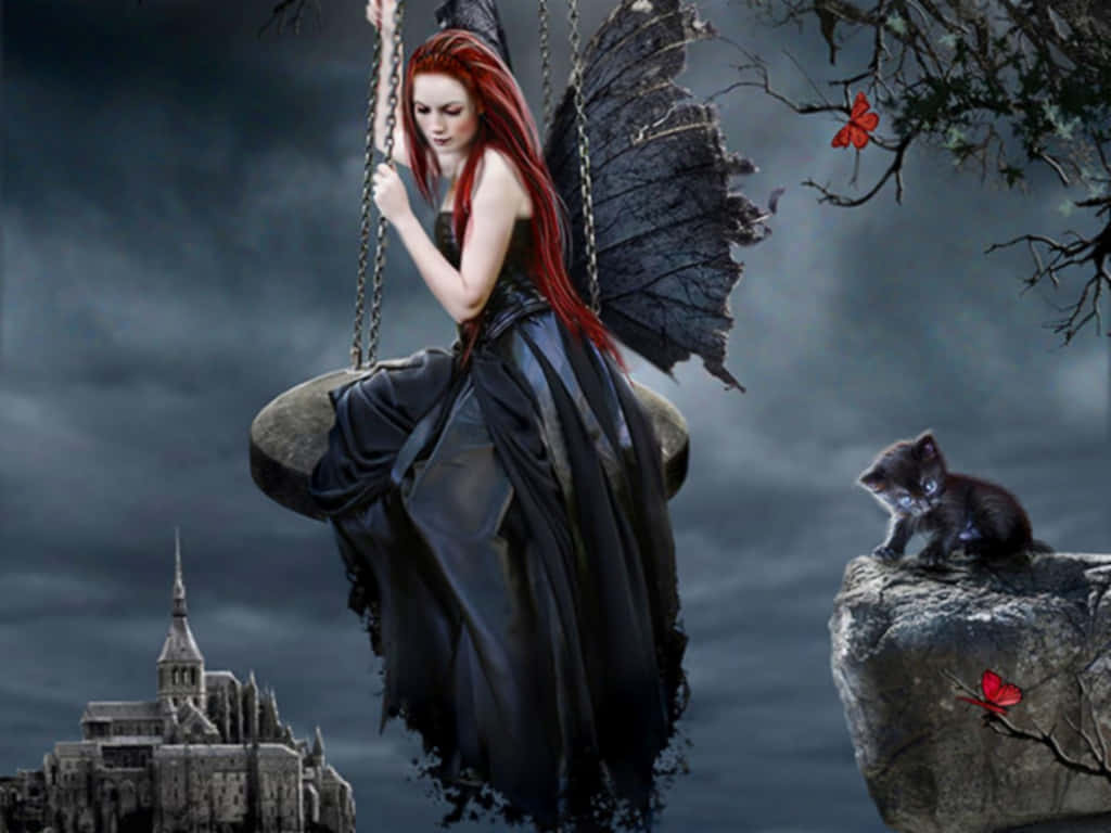 Evil Fairy 桌布 壁紙 — 一位紅髮黑翼仙子坐在懸掛於哥德式城堡上方的鞦韆上，伴隨著一隻小黑貓和紅色蝴蝶，在暴風雨的天空下。