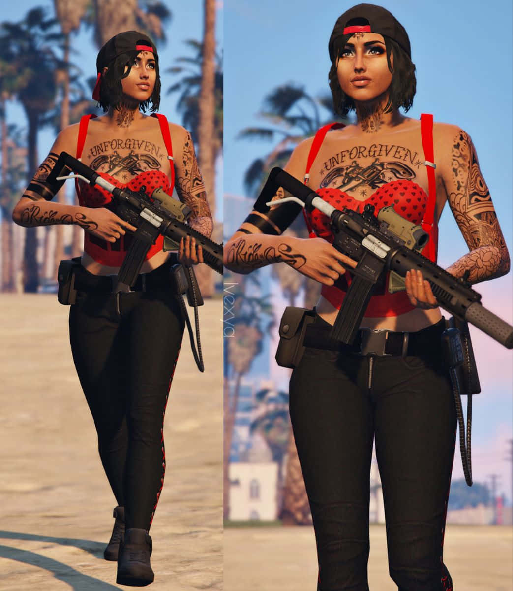 Gta Tryhard 桌布 壁紙 — 一位紋身女子身穿紅色內衣和黑色褲子，在陽光普照的棕櫚樹背景下手持突擊步槍。