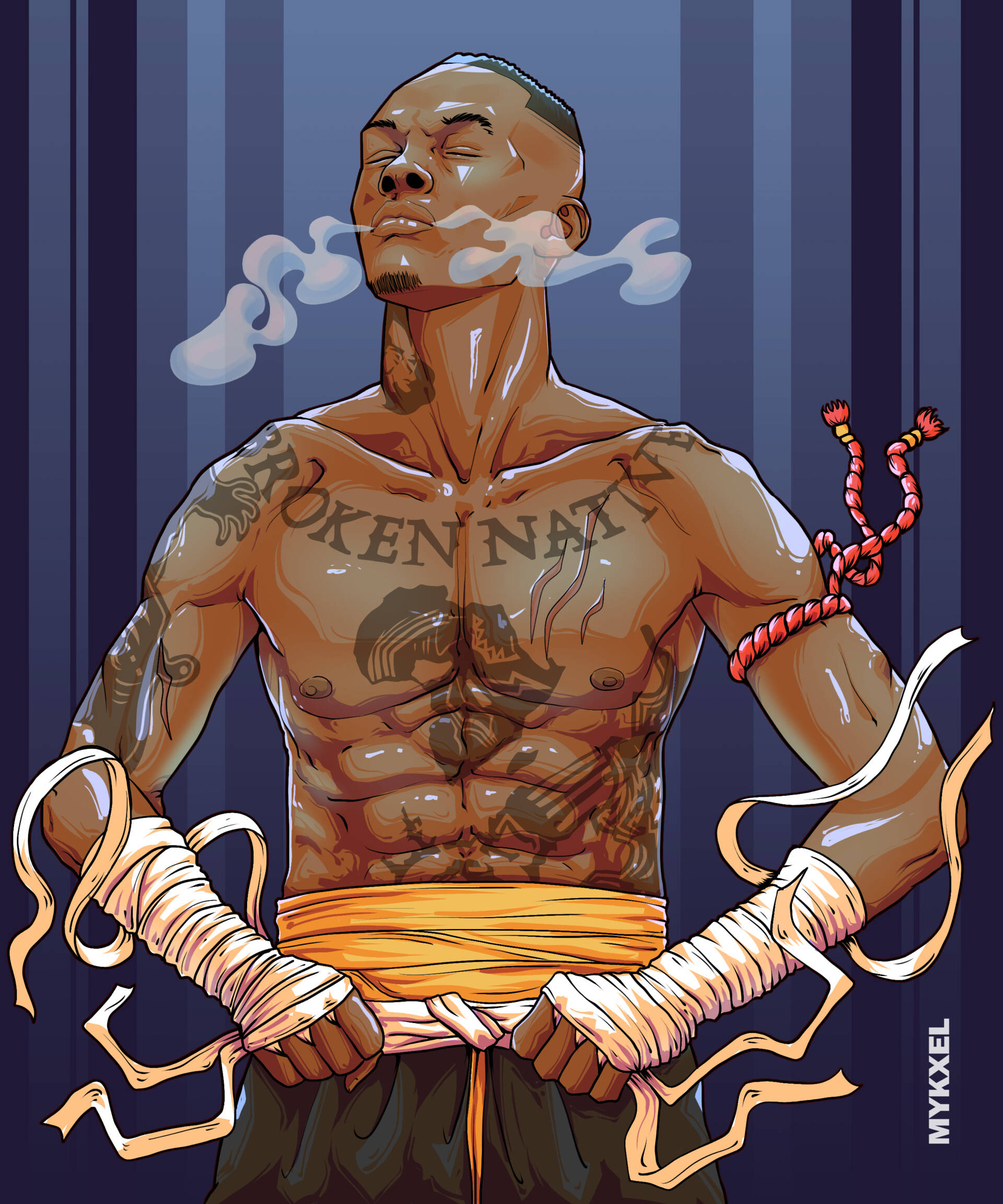 Adesanya 桌布 壁紙 — 一位紋身戰士用纏著繃帶的手呼出煙霧，背景為藍色條紋。