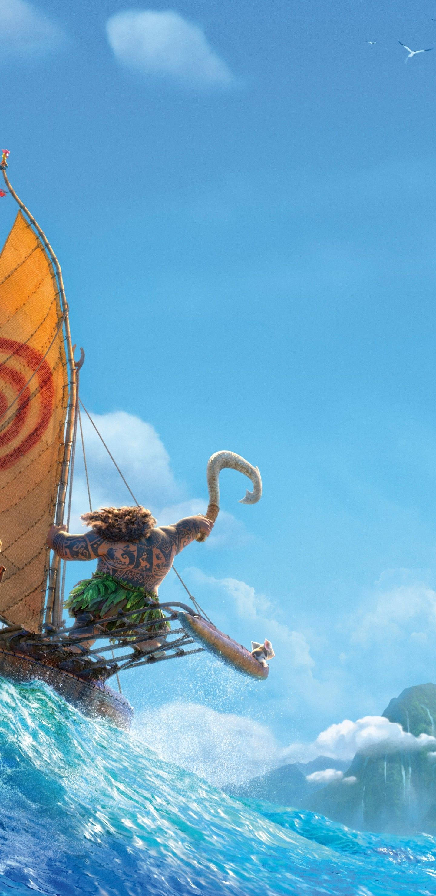 Moana 桌布 壁紙 — 一位紋身戰士站在傳統獨木舟上，在明亮的藍天下乘著巨大的海浪，遠處有山脈和海鷗。