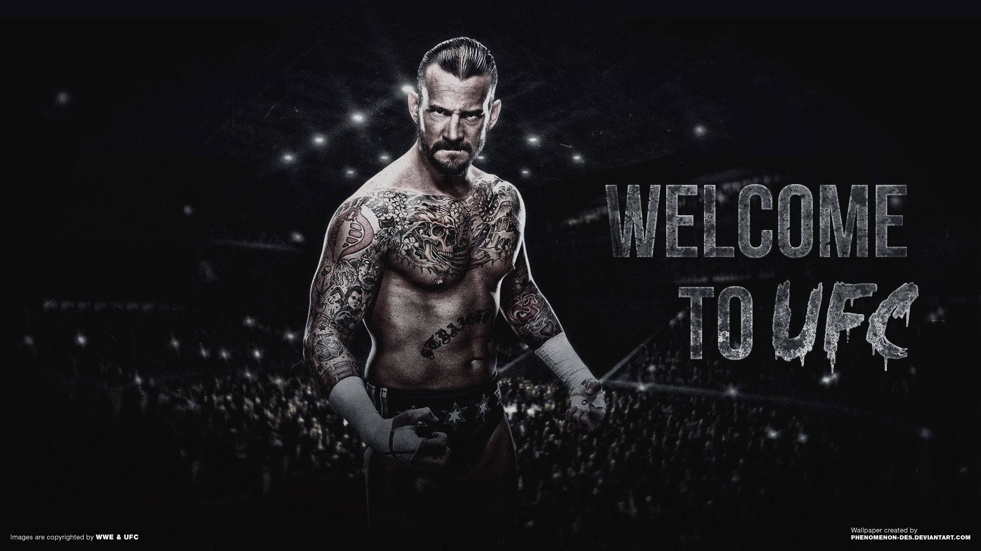 UFC 桌布 壁紙 — 一位紋身戰士站在黑暗的競技場中，身後有發光的燈光和人群，文字顯示歡迎來到ufc。