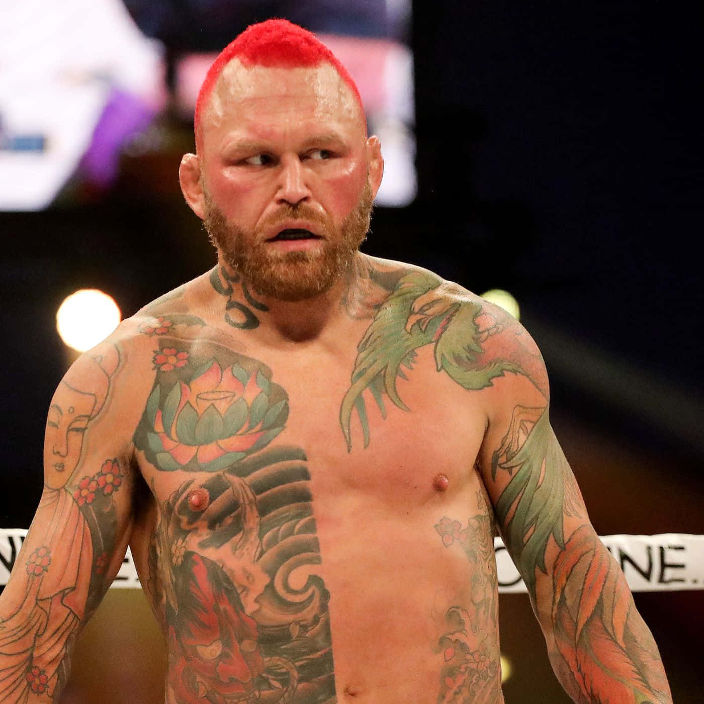 UFC 桌布 壁紙 — 一位紋身摔角手，亮紅色頭髮，在場館燈光下的擂台上凝視。