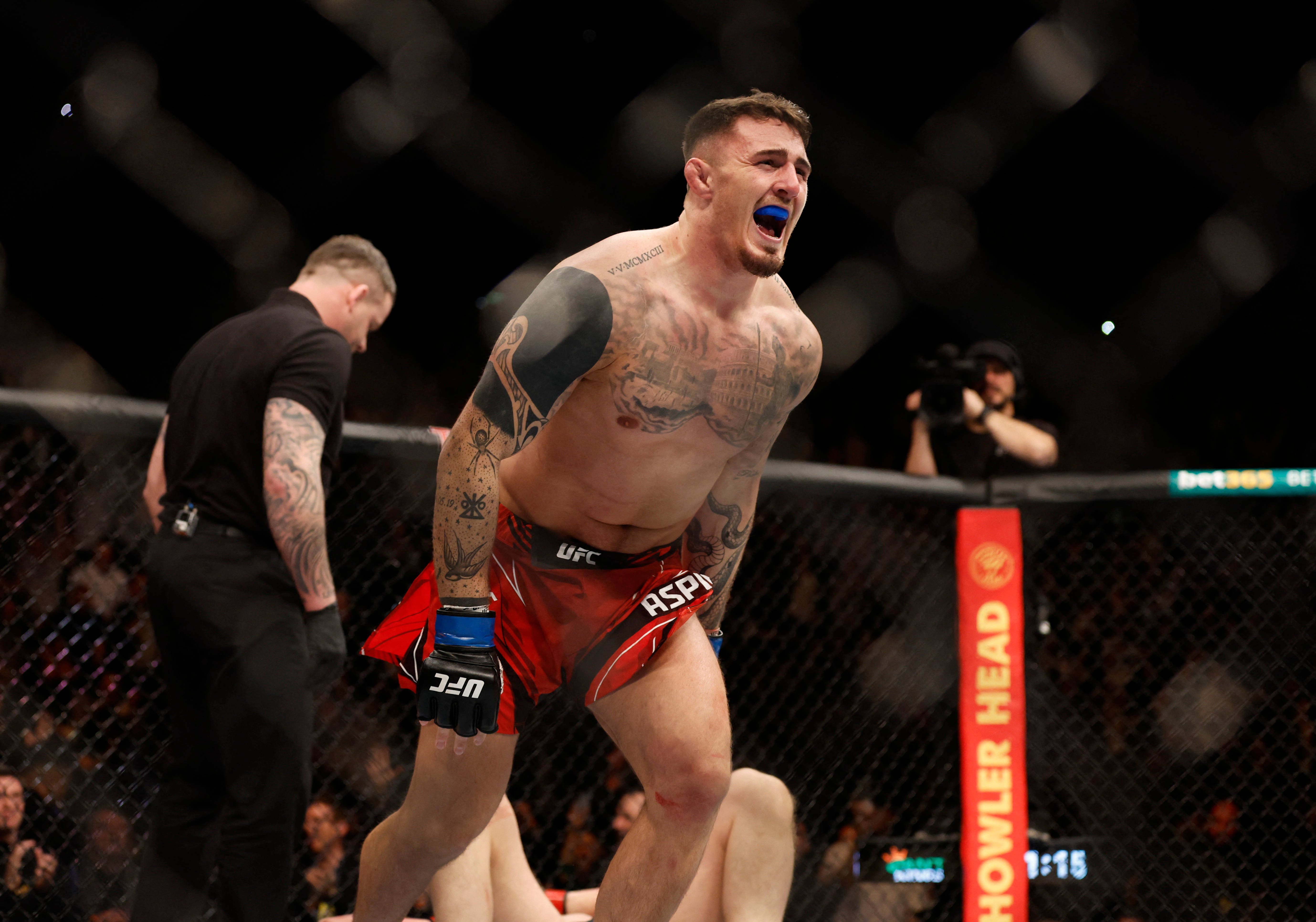 UFC 桌布 壁紙 — 一位紋身的MMA拳手穿著紅色短褲，在UFC八角籠內，背景有裁判和觀眾，勝利地咆哮。